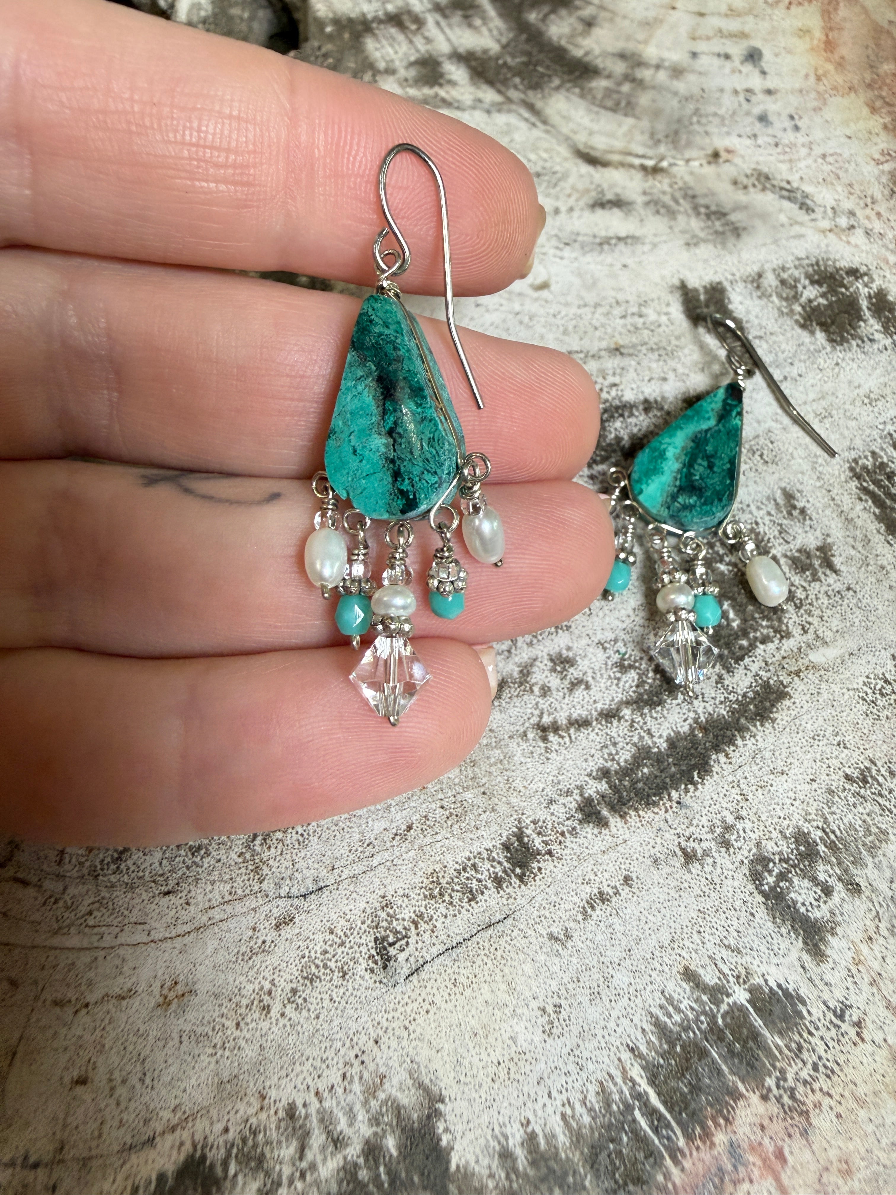 “The Golden Collection” Electric Sky Handmade Turquoise, Mother of Pearl Beaded Surgical Steel Earrings