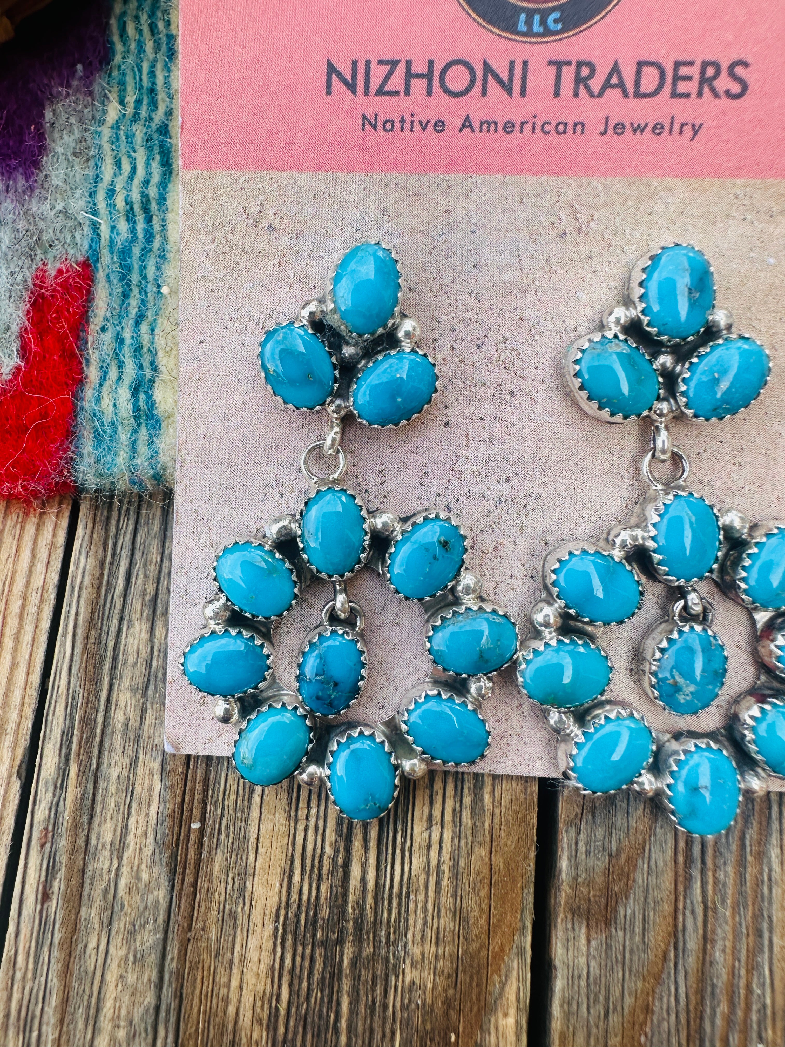 Handcrafted Blue Ridge Turquoise & Sterling Silver Cluster Dangle Earrings