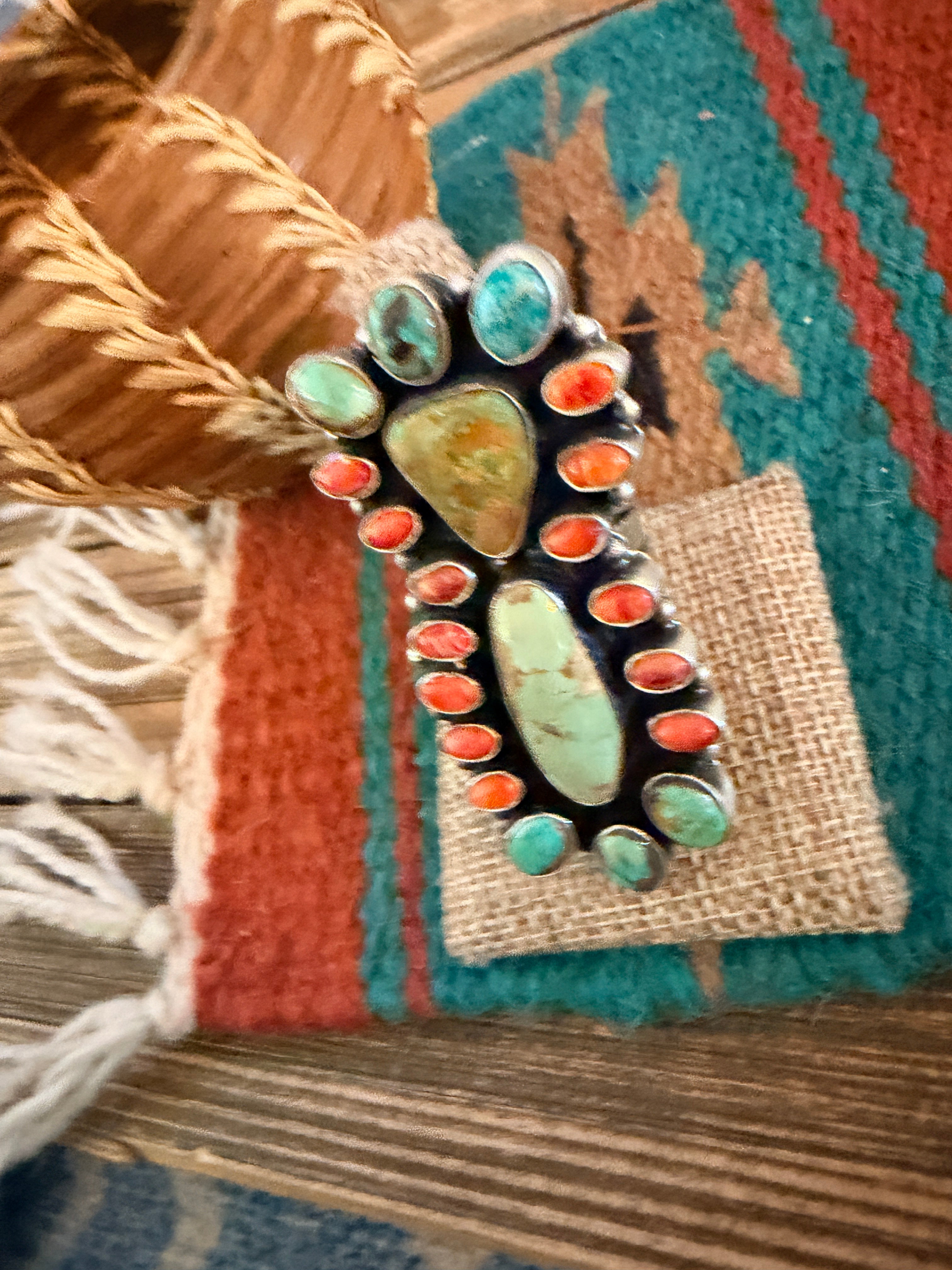 Handcrafted Spiny Oyster, Turquoise & Sterling Silver Cluster Ring by Sheila Becenti Size 10