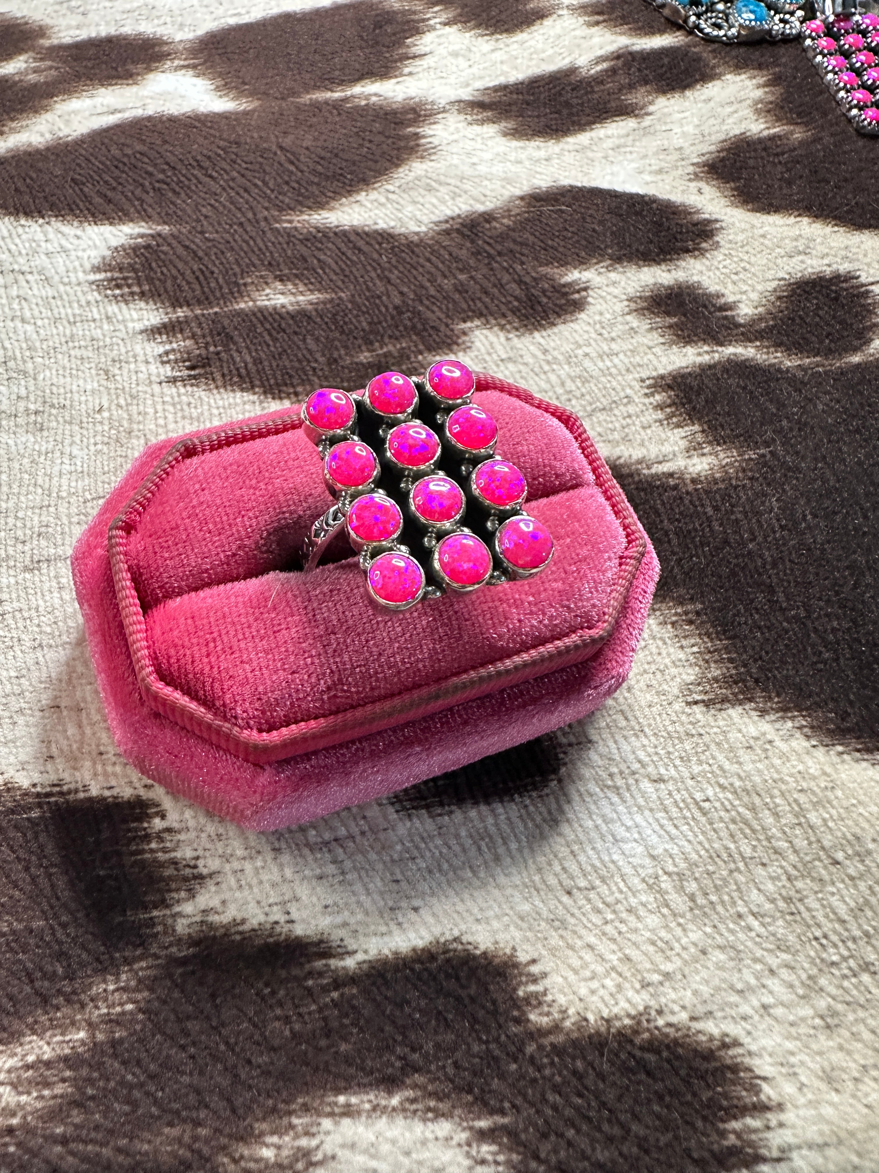 Handmade Adjustable Hot Pink Fire Opal Sterling Silver Rectangle Ring