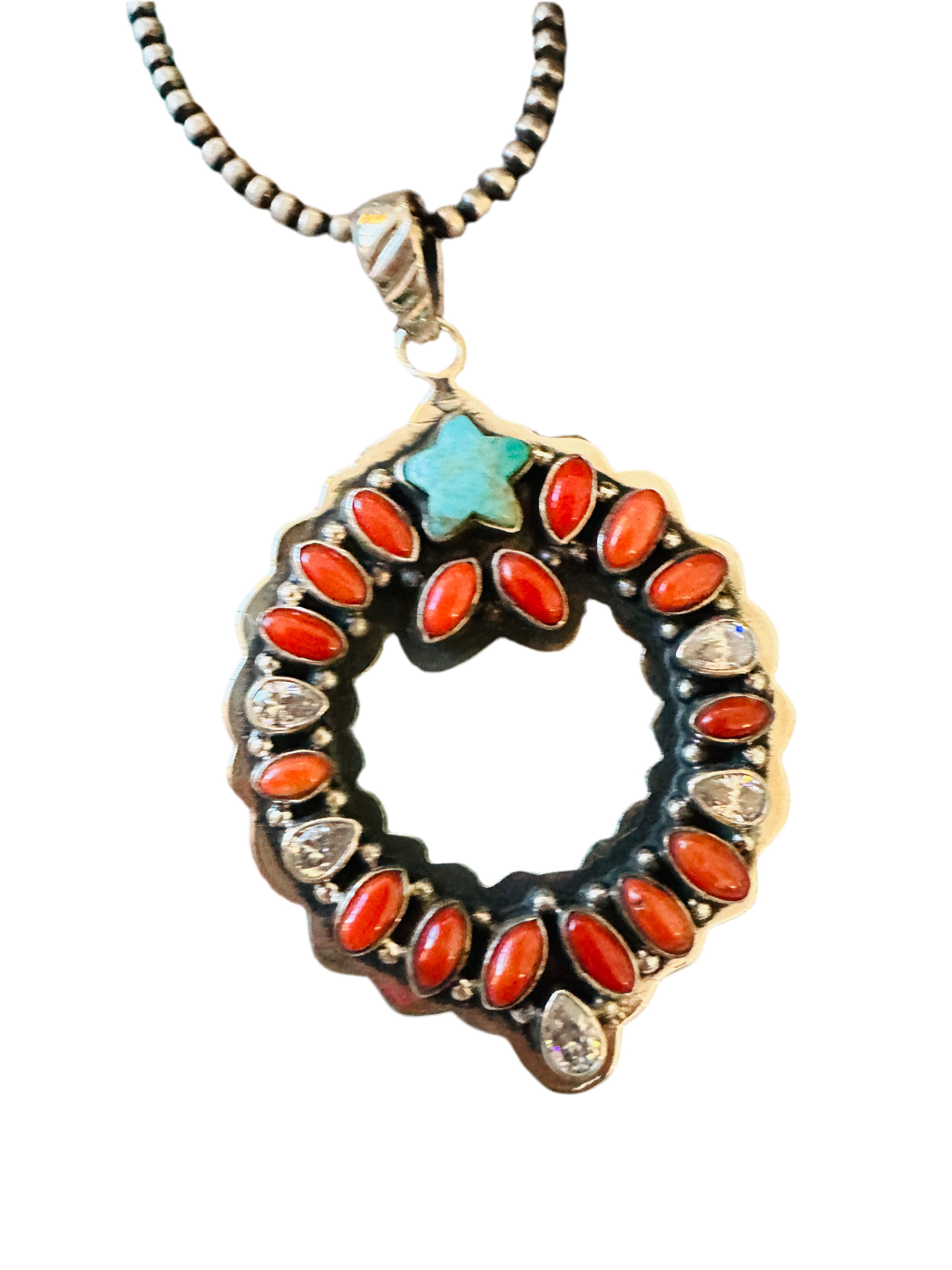 ** Christmas Collection ** Handmade Sterling Silver, Coral, Turquoise & CZ Wreath Pendant Signed Nizhoni