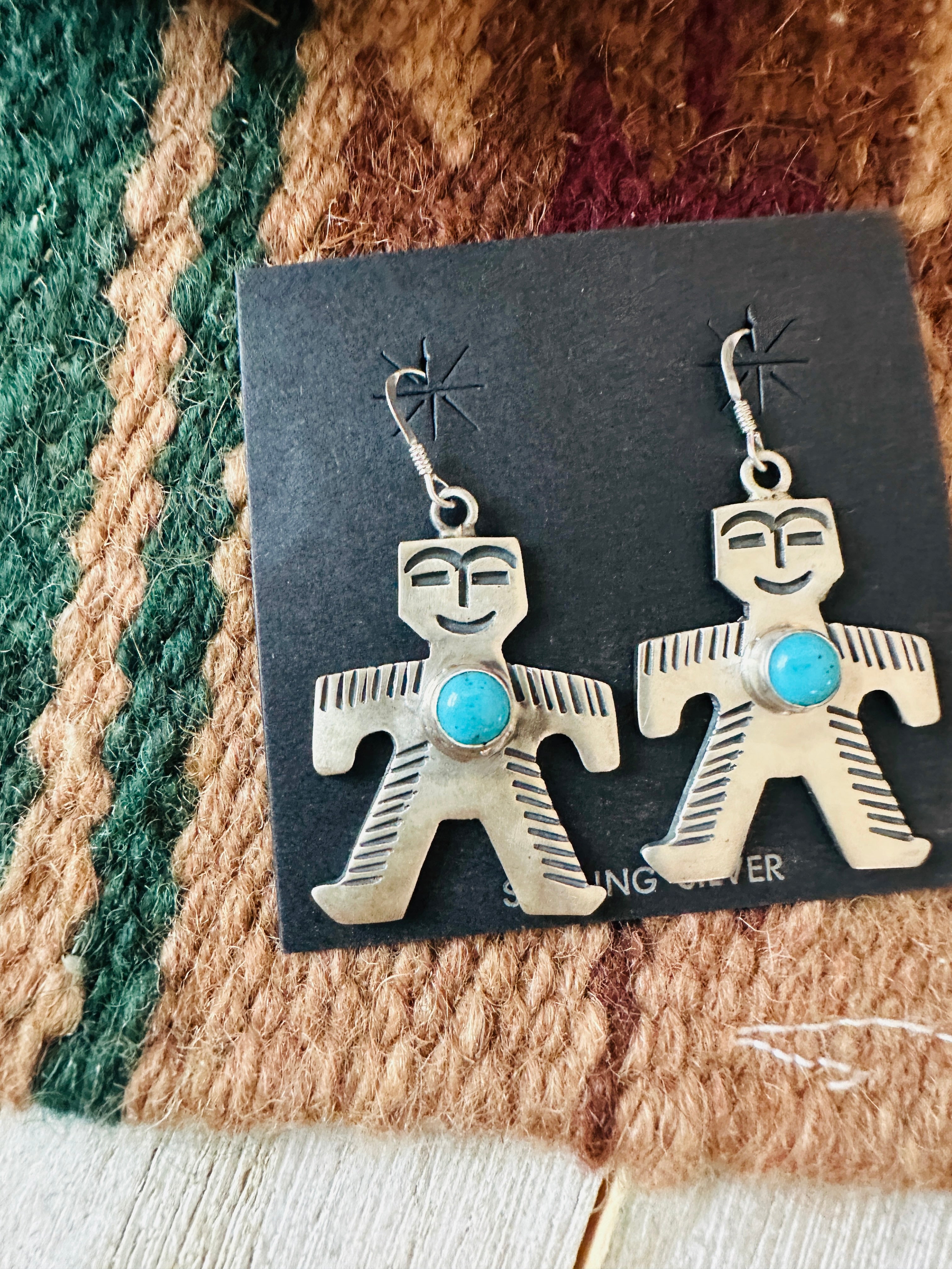 Handcrafted Turquoise and Sterling Silver Dancing Figure Dangle Earrings