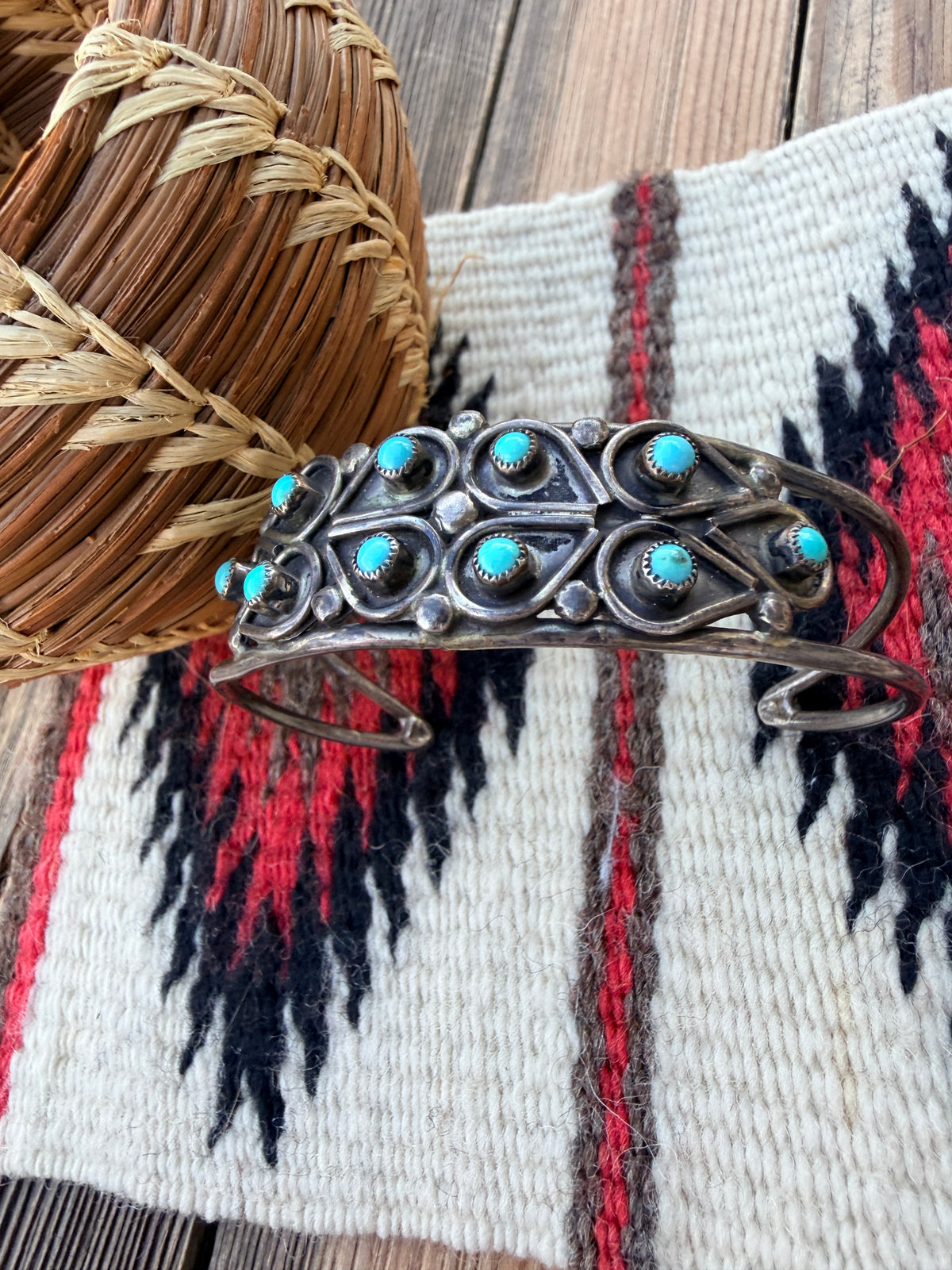 Handcrafted Old Pawn Sterling Silver & Turquoise Petit Point Cuff Bracelet