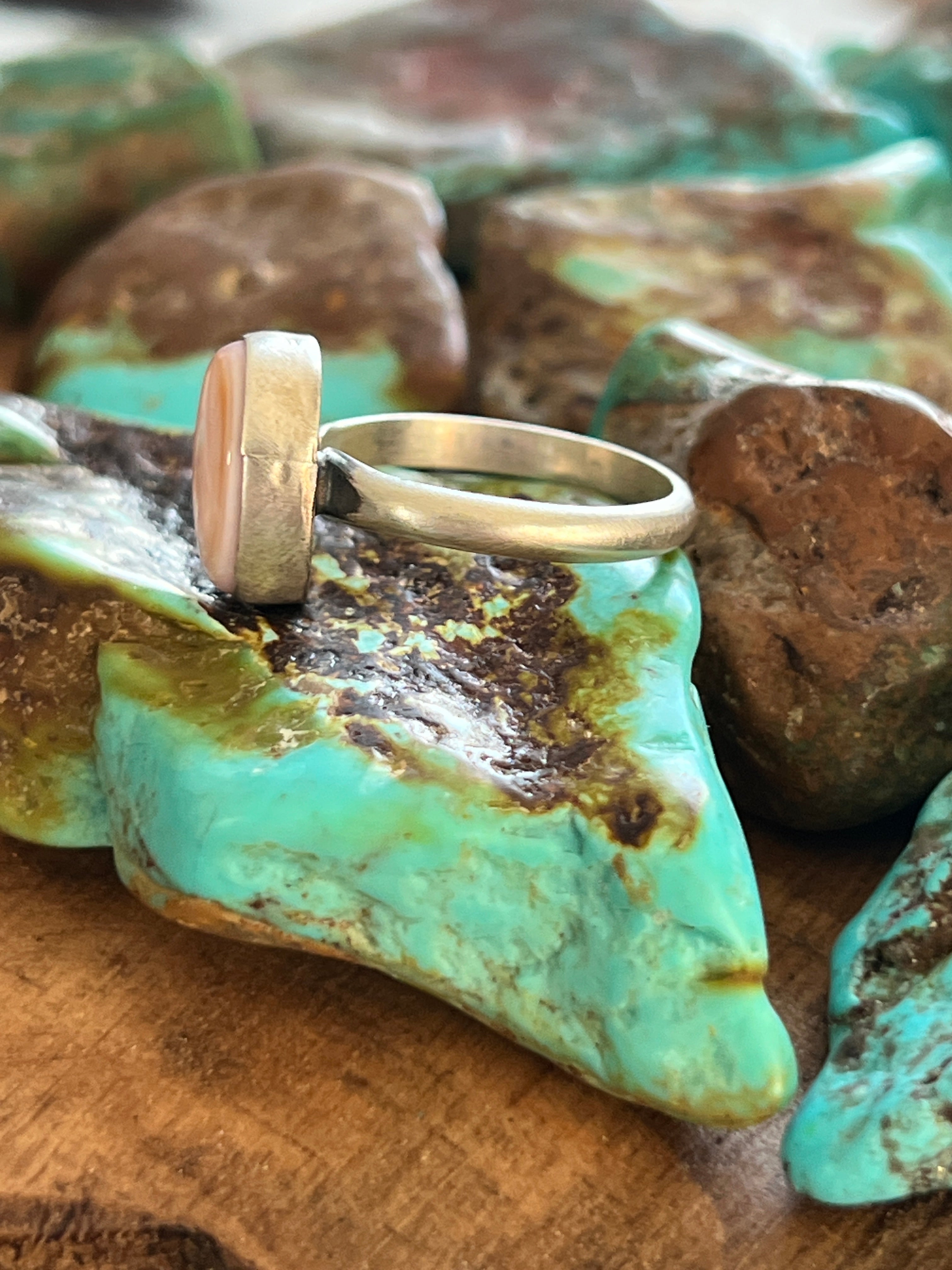 Handcrafted Sterling Silver and Oval Pink Conch Stacker Ring, Single Shank