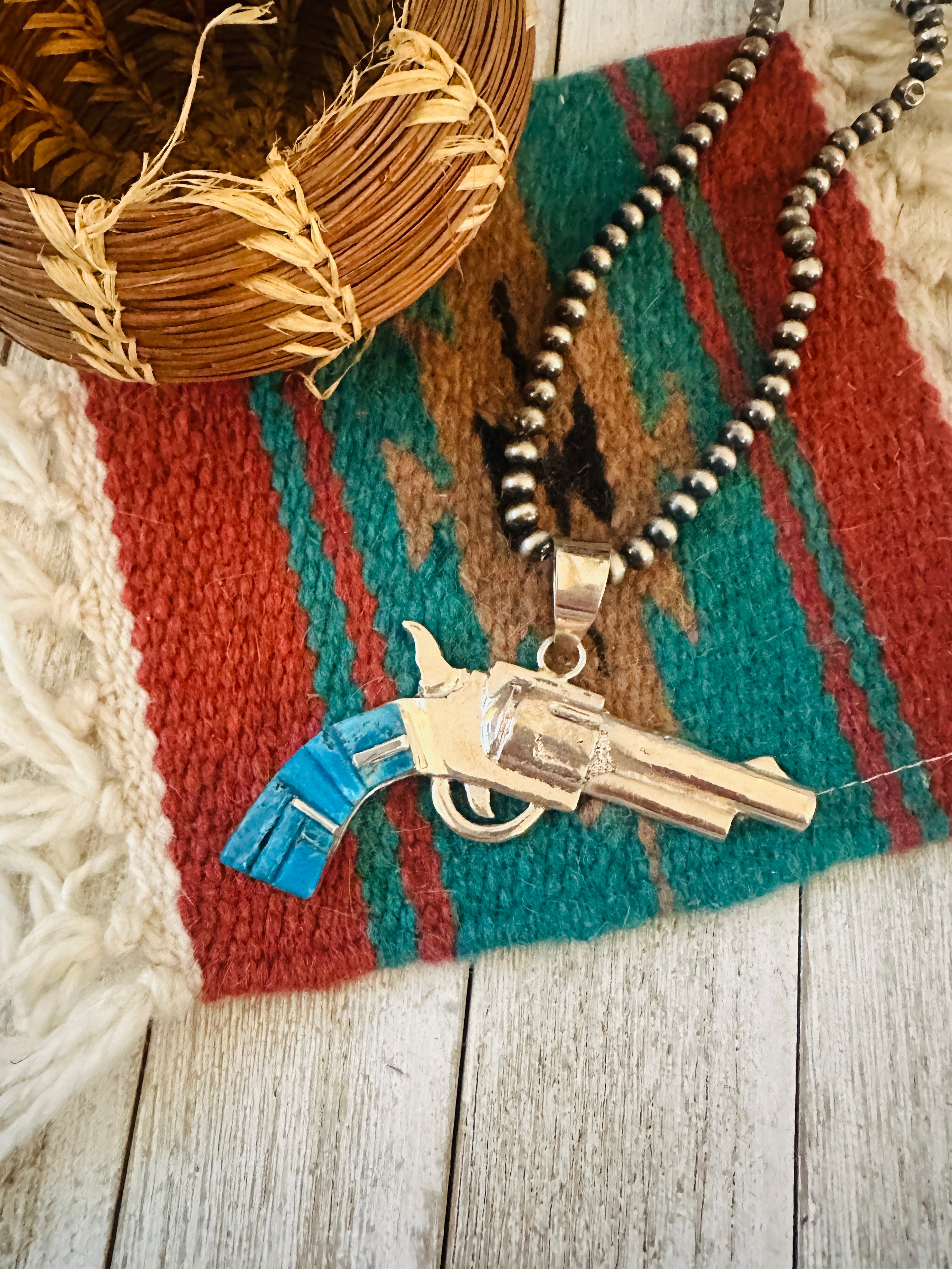 Handcrafted Sterling Silver & Turquoise Inlay Pistol Pendant