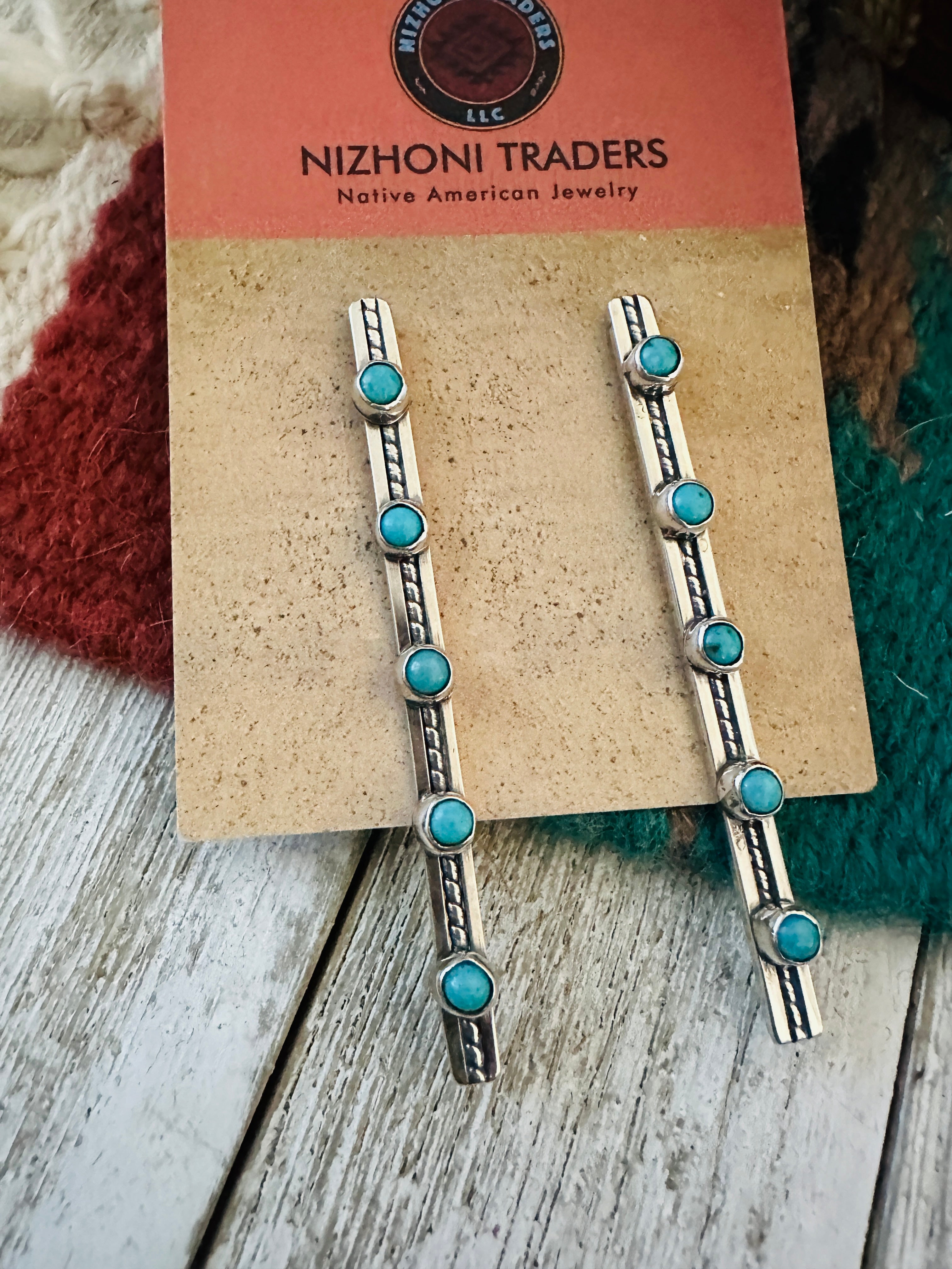 Handcrafted Turquoise & Sterling Silver Five Stone Drop Dangle Earrings