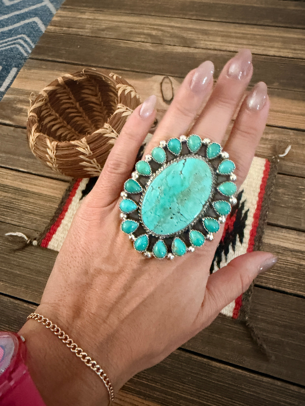 Handcrafted Kingman Turquoise & Sterling Silver Cluster Adjustable Ring
