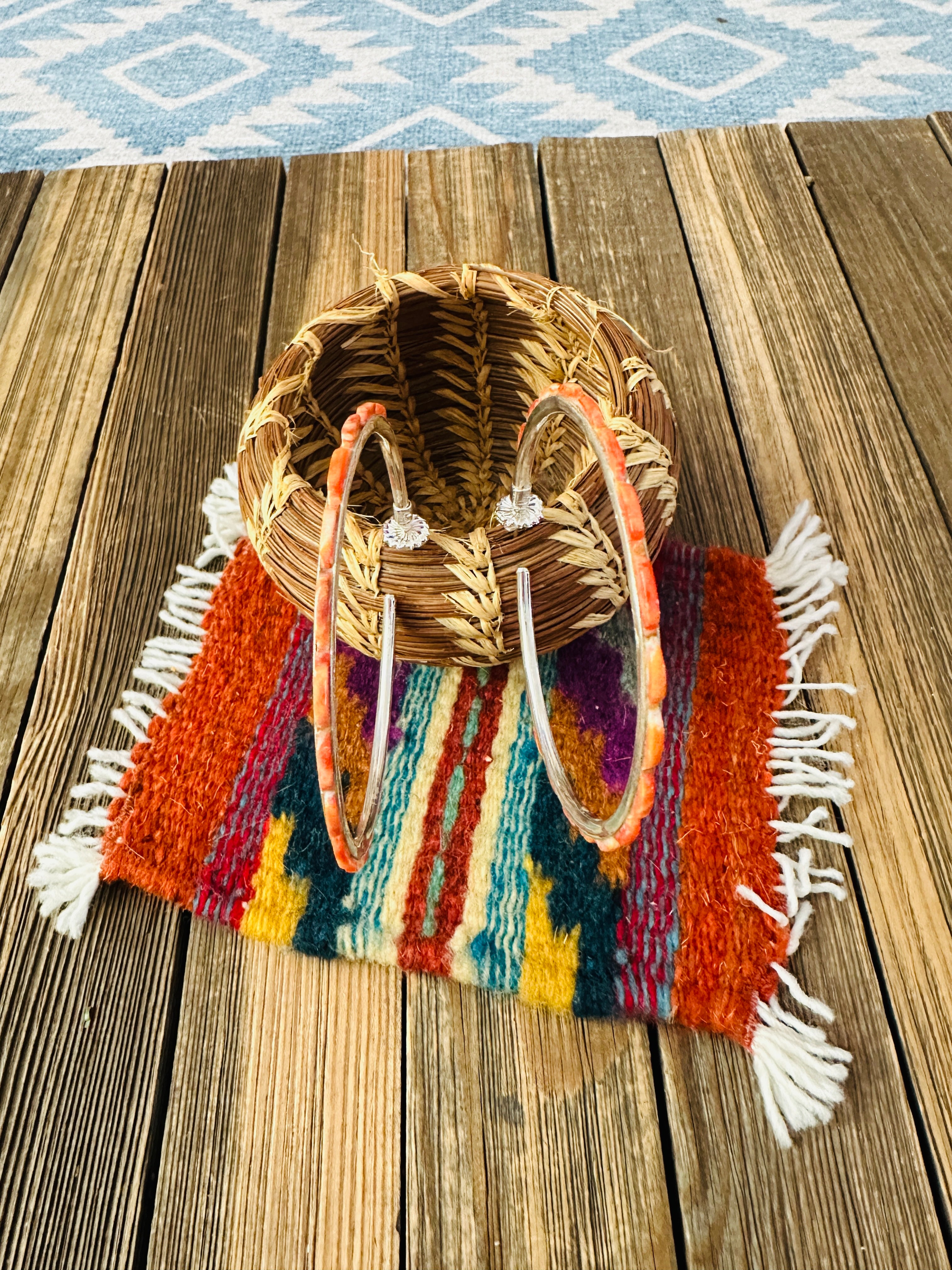 Handcrafted Spiny Oyster & Sterling Silver Hoop Earrings by Federico Jimenez