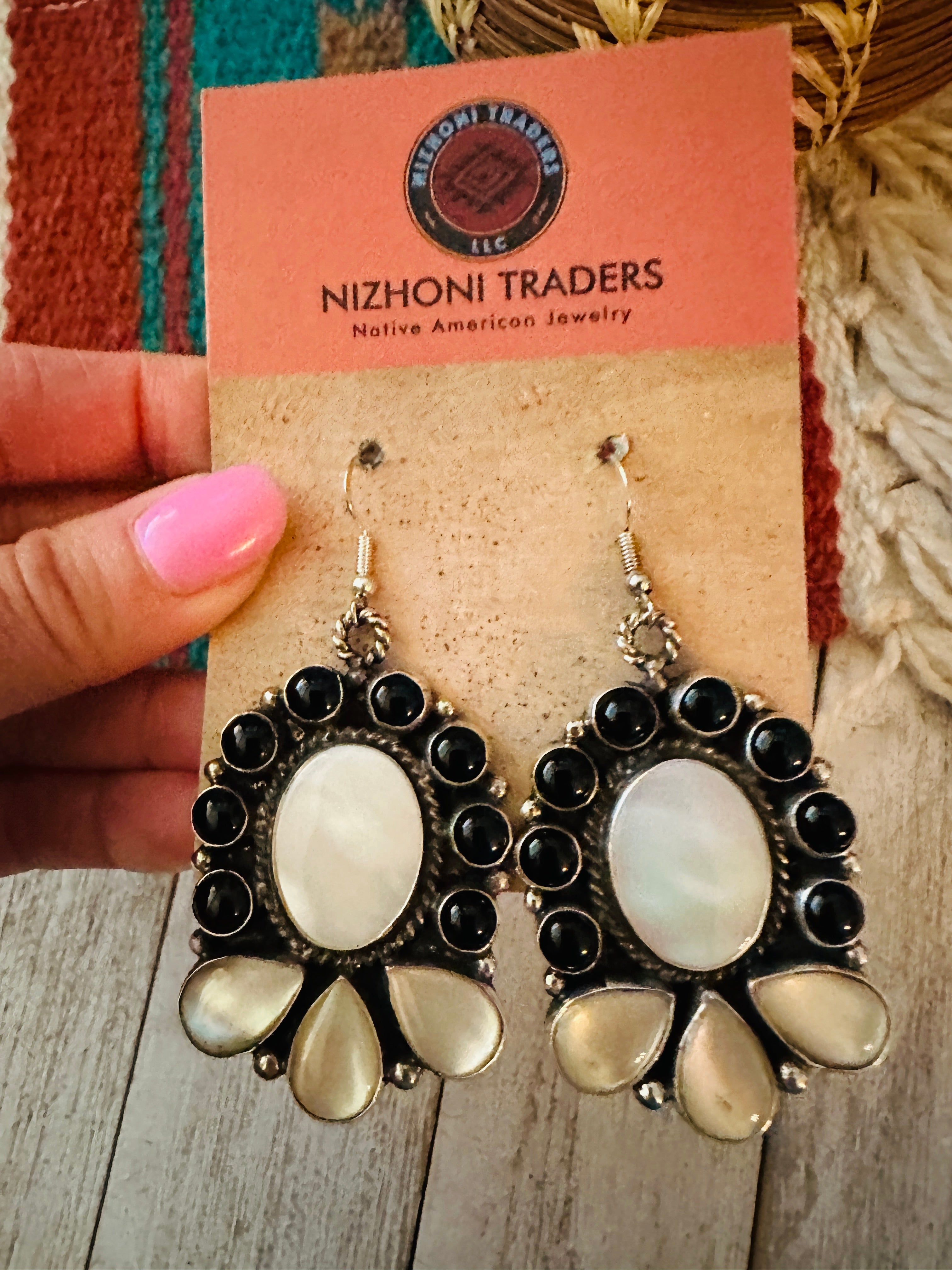 Handcrafted Mother of Pearl, Onyx & Sterling Silver Dangle Earrings