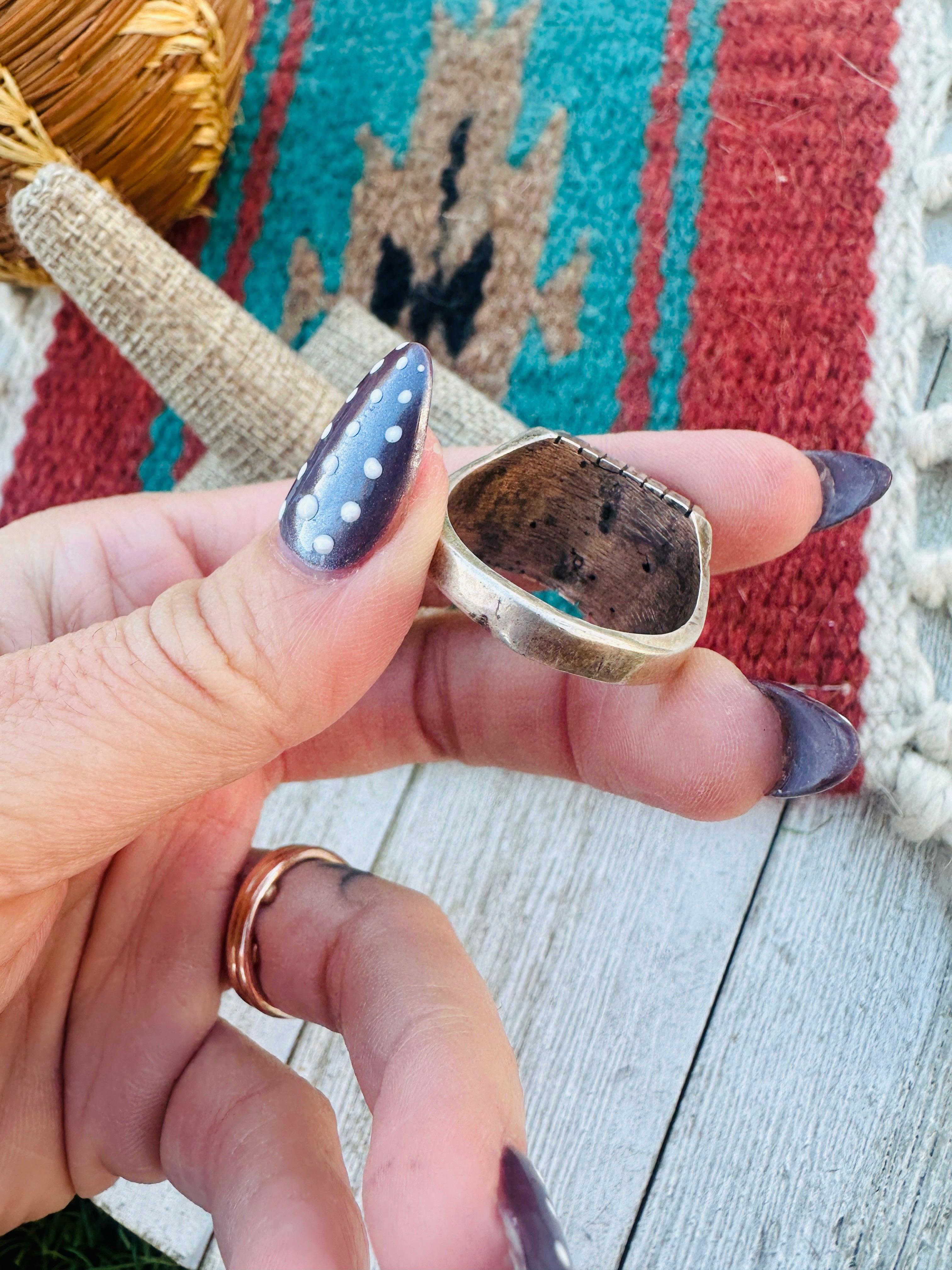 Old Pawn Handcrafted Onyx & Sterling Silver Inlay Ring Size 12