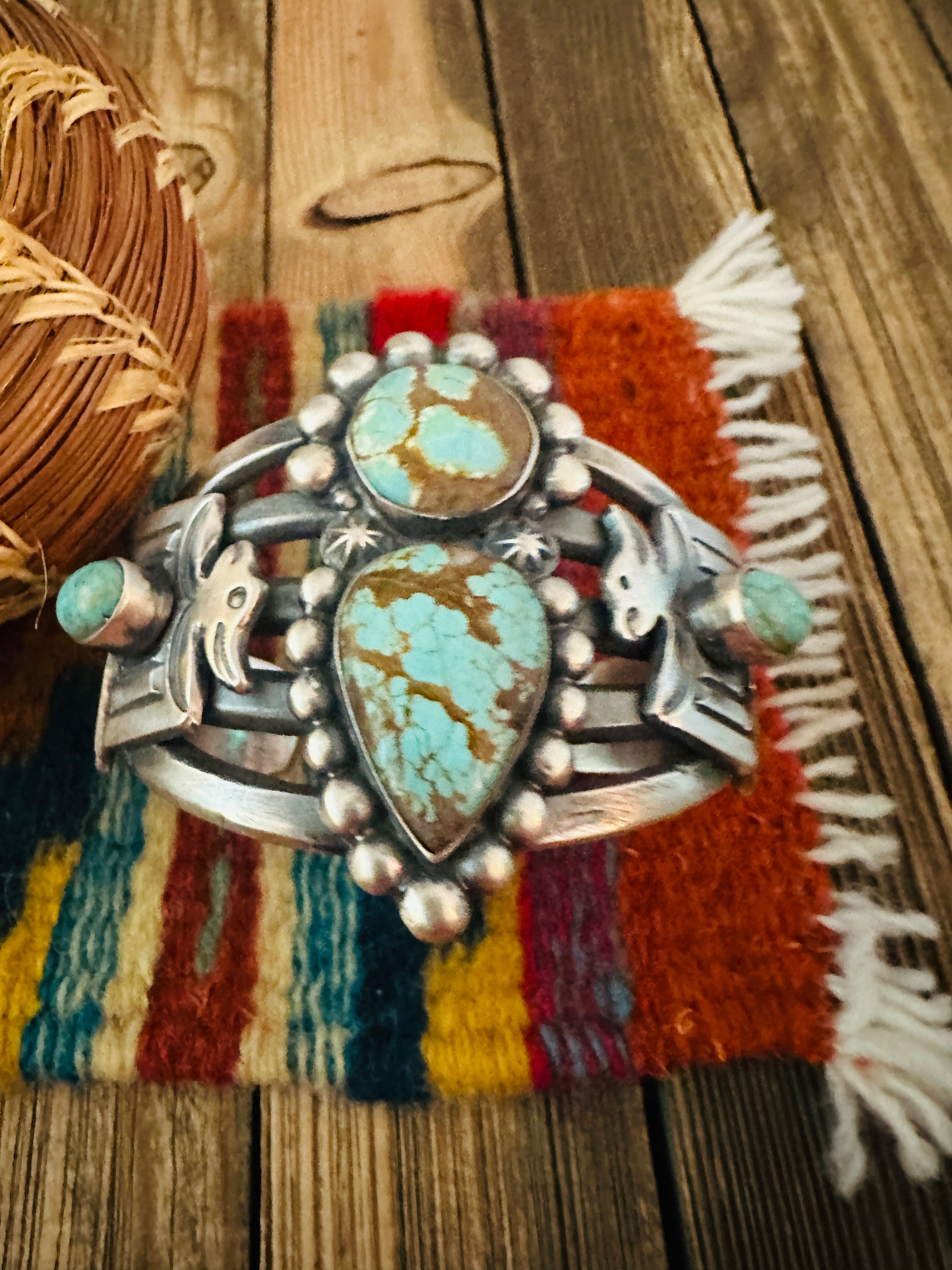 Handcrafted Sterling Silver & Number 8 Turquoise Thunderbird Cuff Bracelet by Chimney Butte