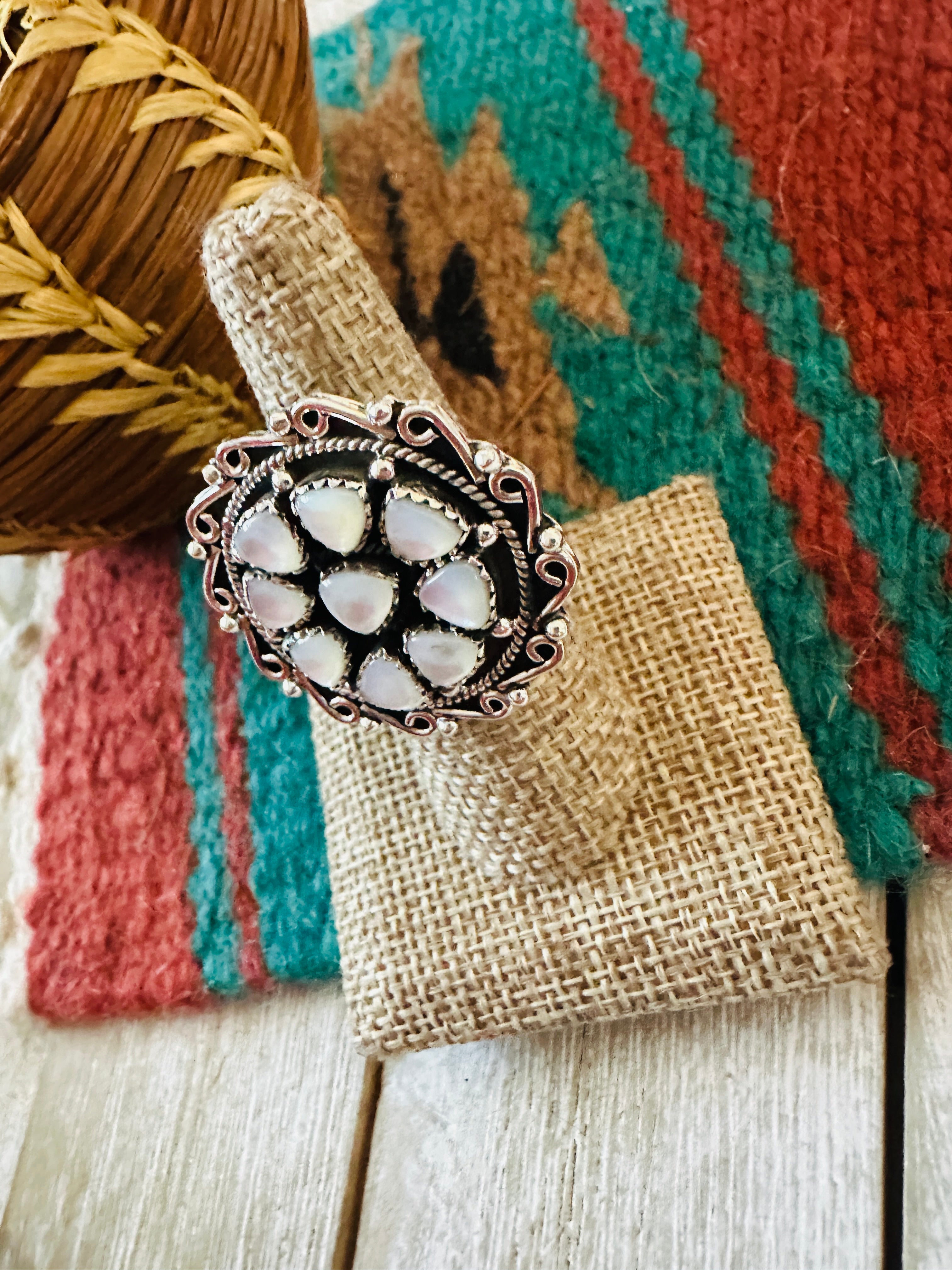 ** Christmas Collection ** Handmade Sterling Silver & Mother of Pearl Adjustable Ring Signed Nizhoni