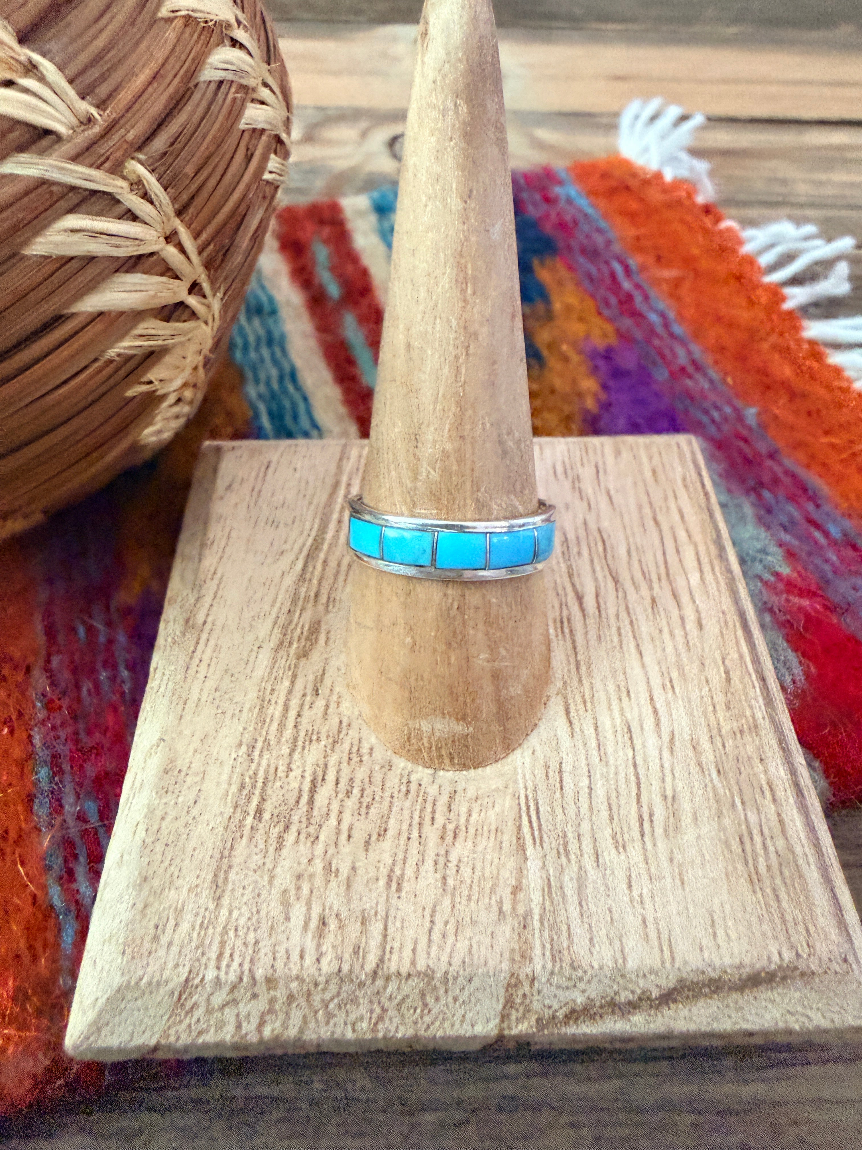 Old Pawn Handcrafted Turquoise & Sterling Silver Inlay Band Ring Size 8.25