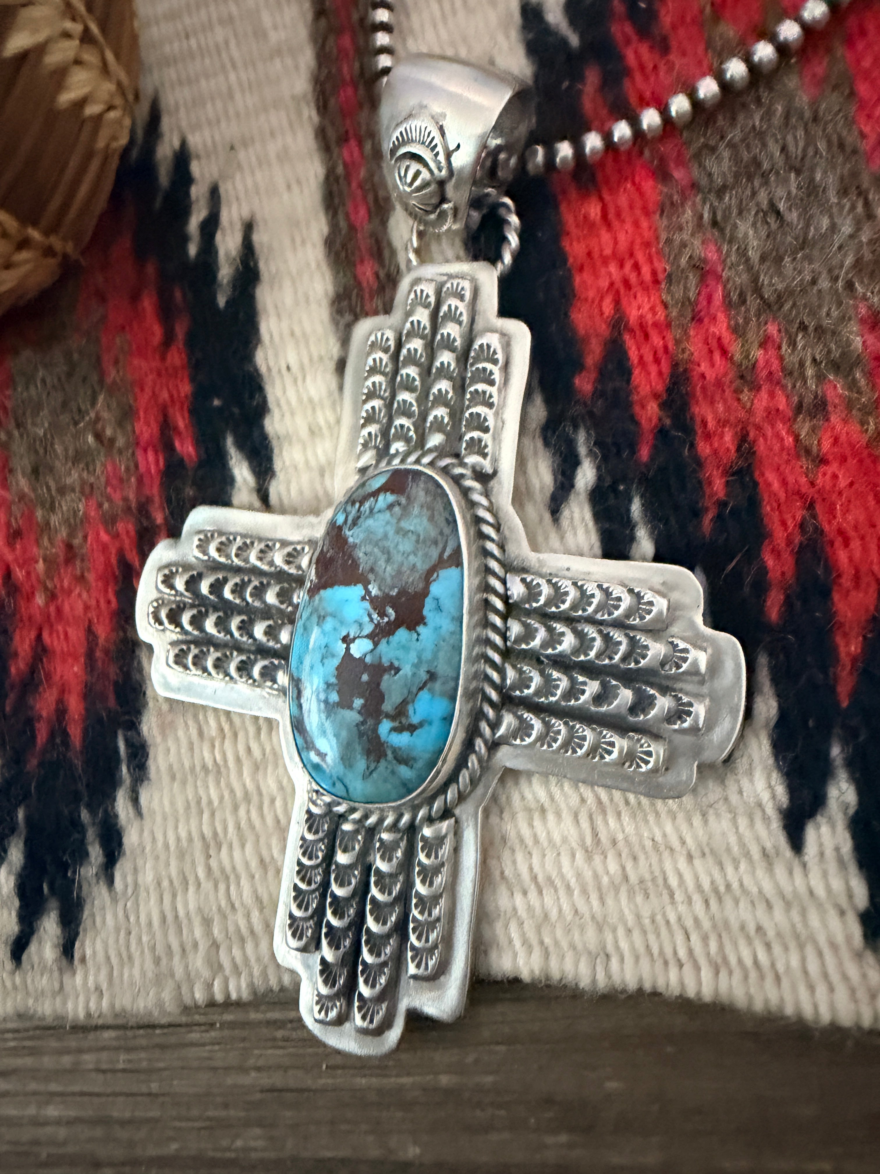 Handcrafted Turquoise & Sterling Silver Cross Pendant by Larry Kaye
