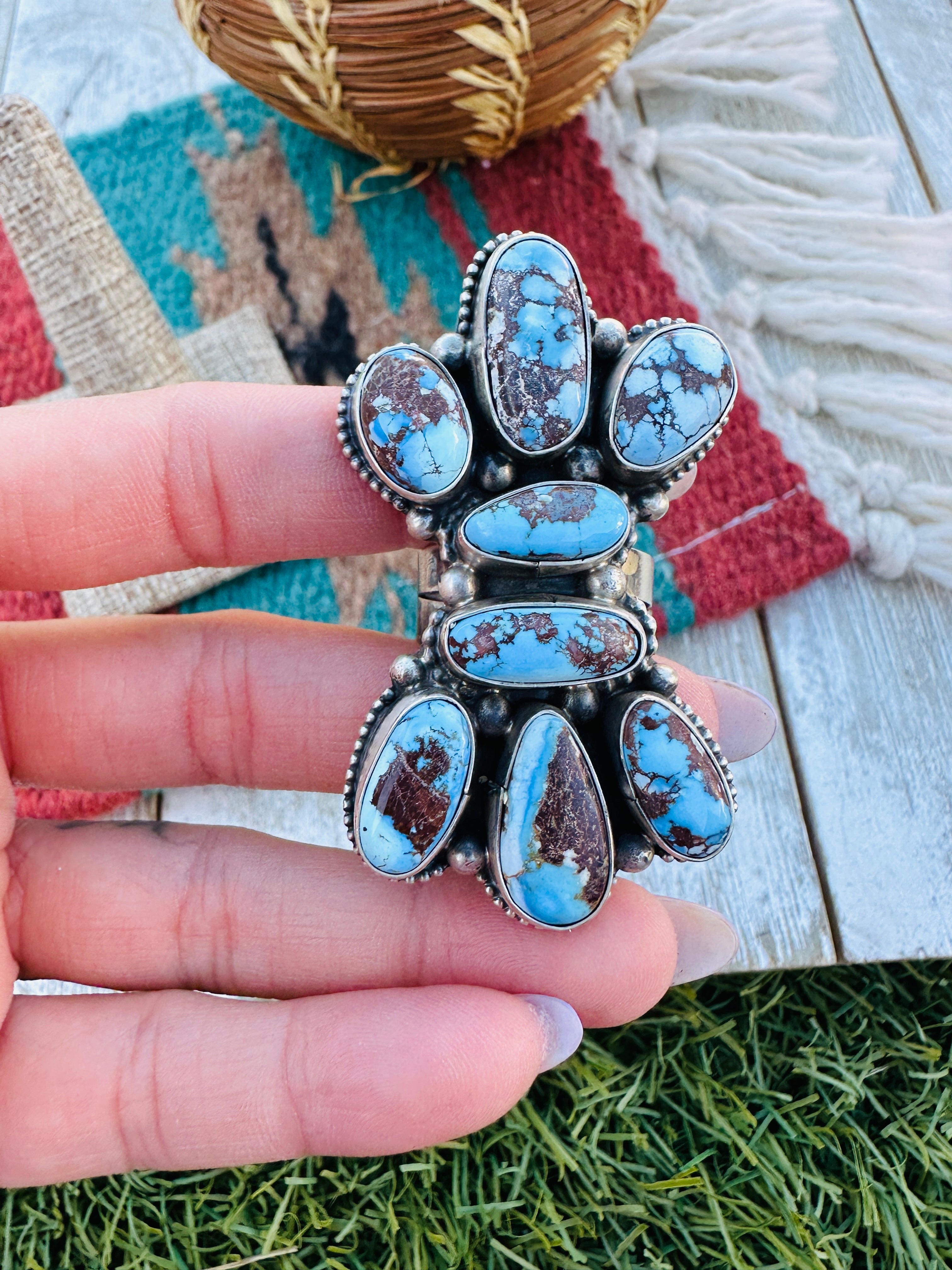 Hand Crafted Golden Hills Turquoise & Sterling Silver Ring Size 10 by Sheila Becenti