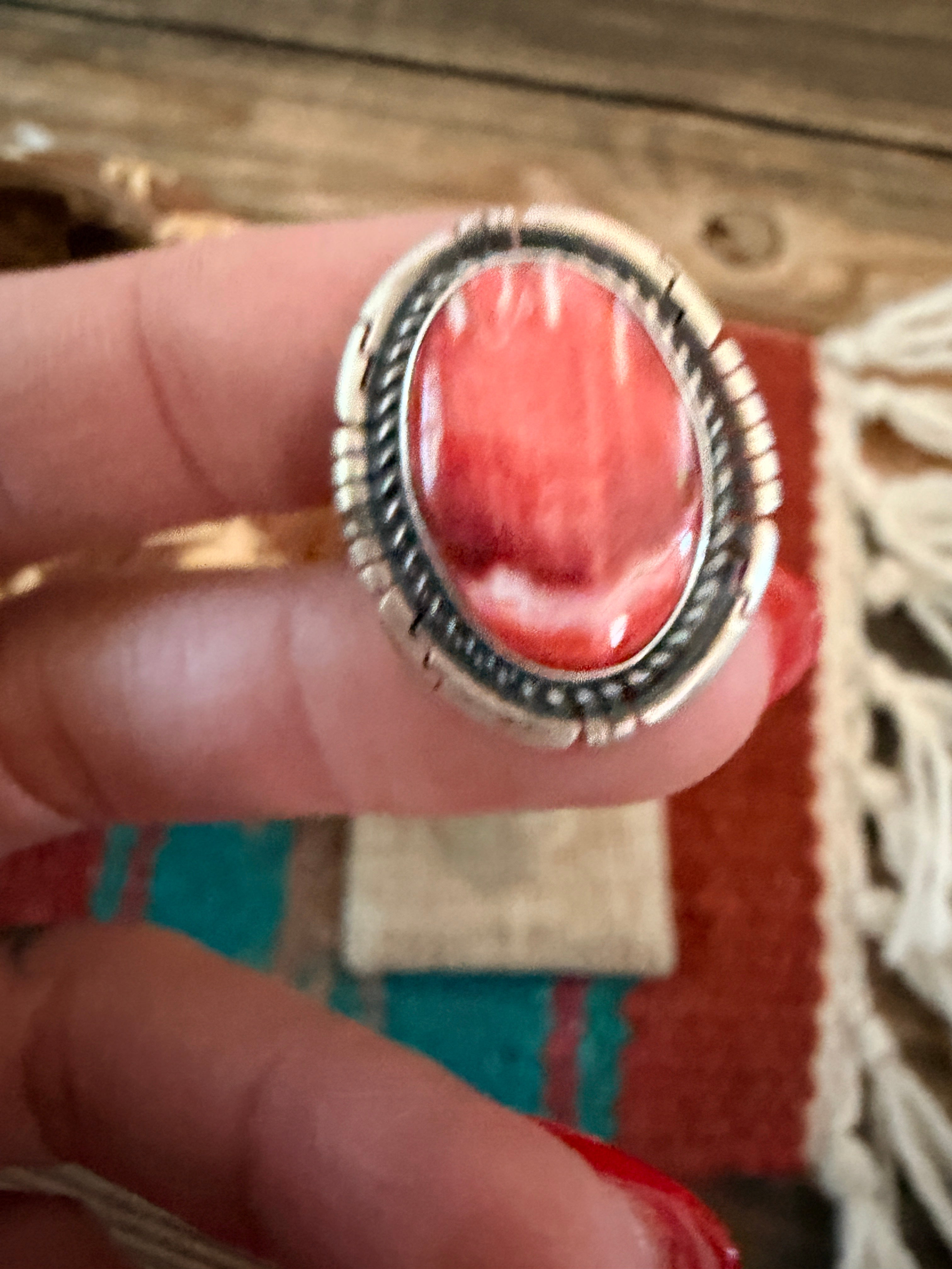 Handcrafted Red Spiny Oyster & Sterling Silver Ring Size 7.5