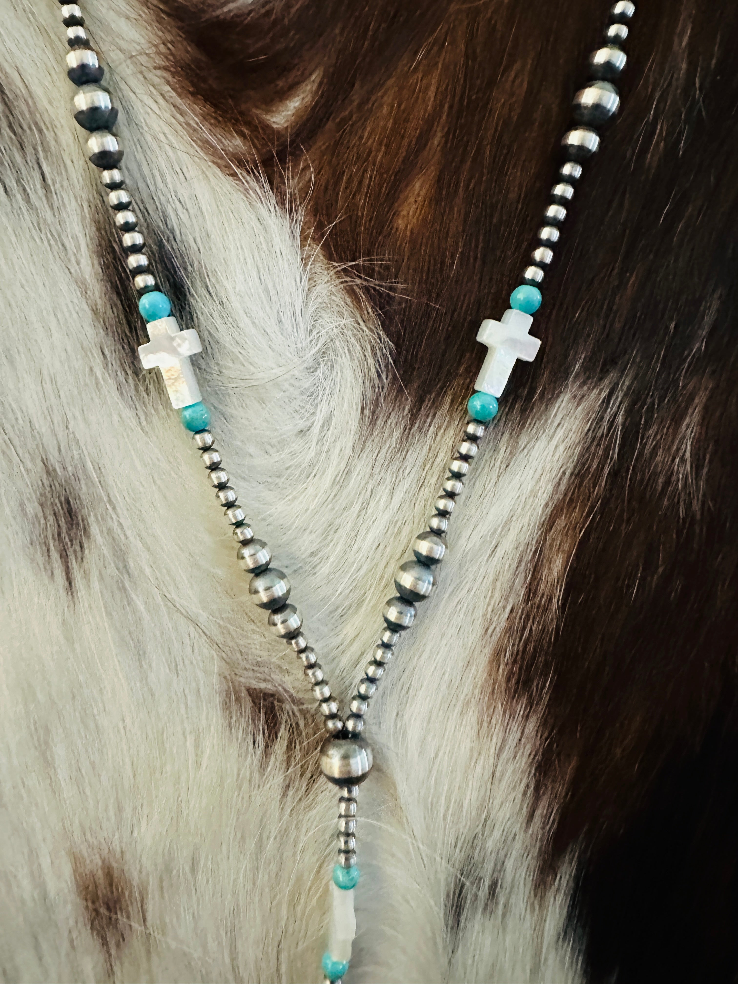 Handcrafted Turquoise, Mother of Pearl & Sterling Silver Pearl 20” Beaded Lariat Necklace