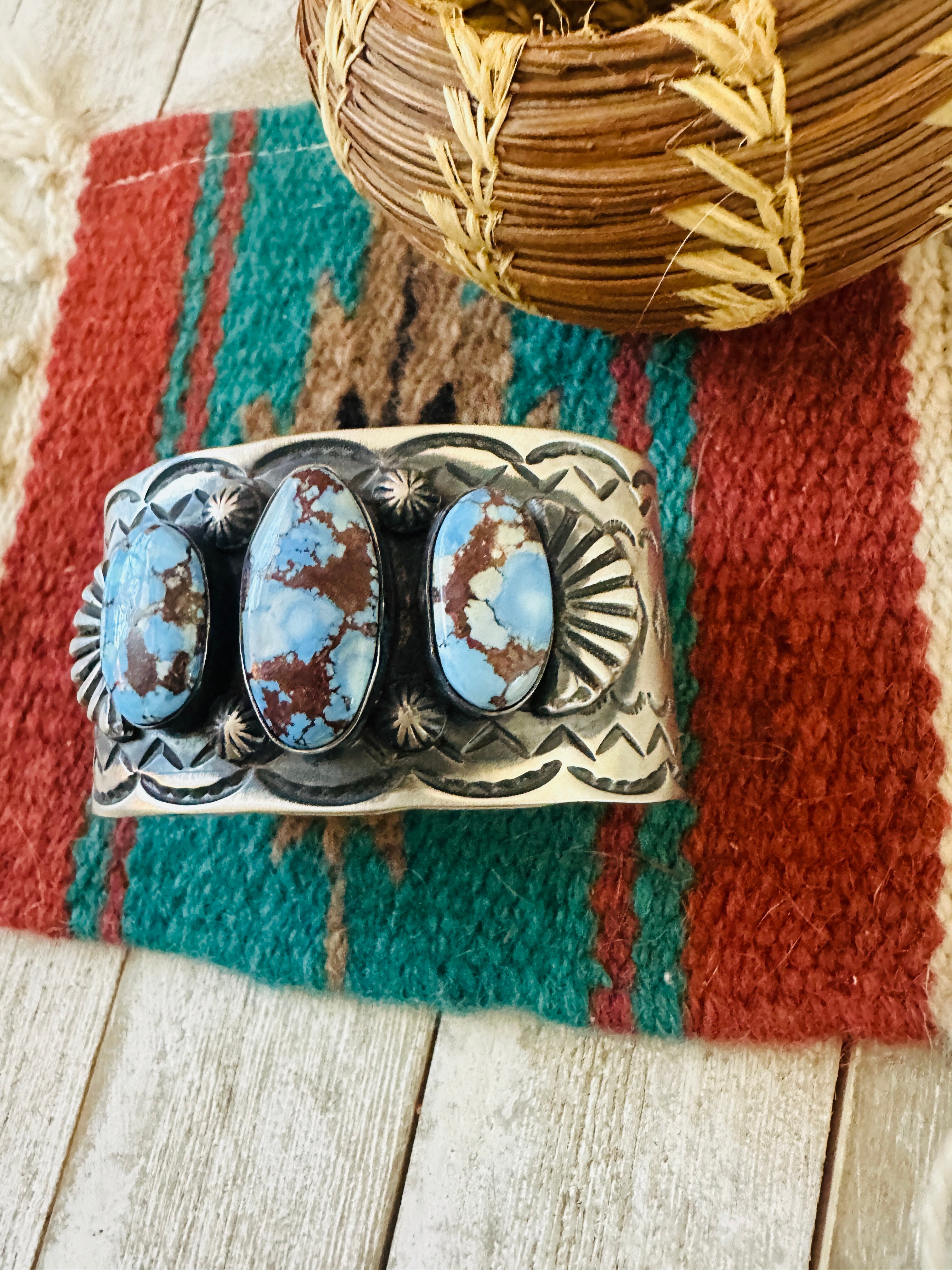 Handcrafted Sterling Silver & Golden Hills Turquoise Cuff Bracelet by Chimney Butte /