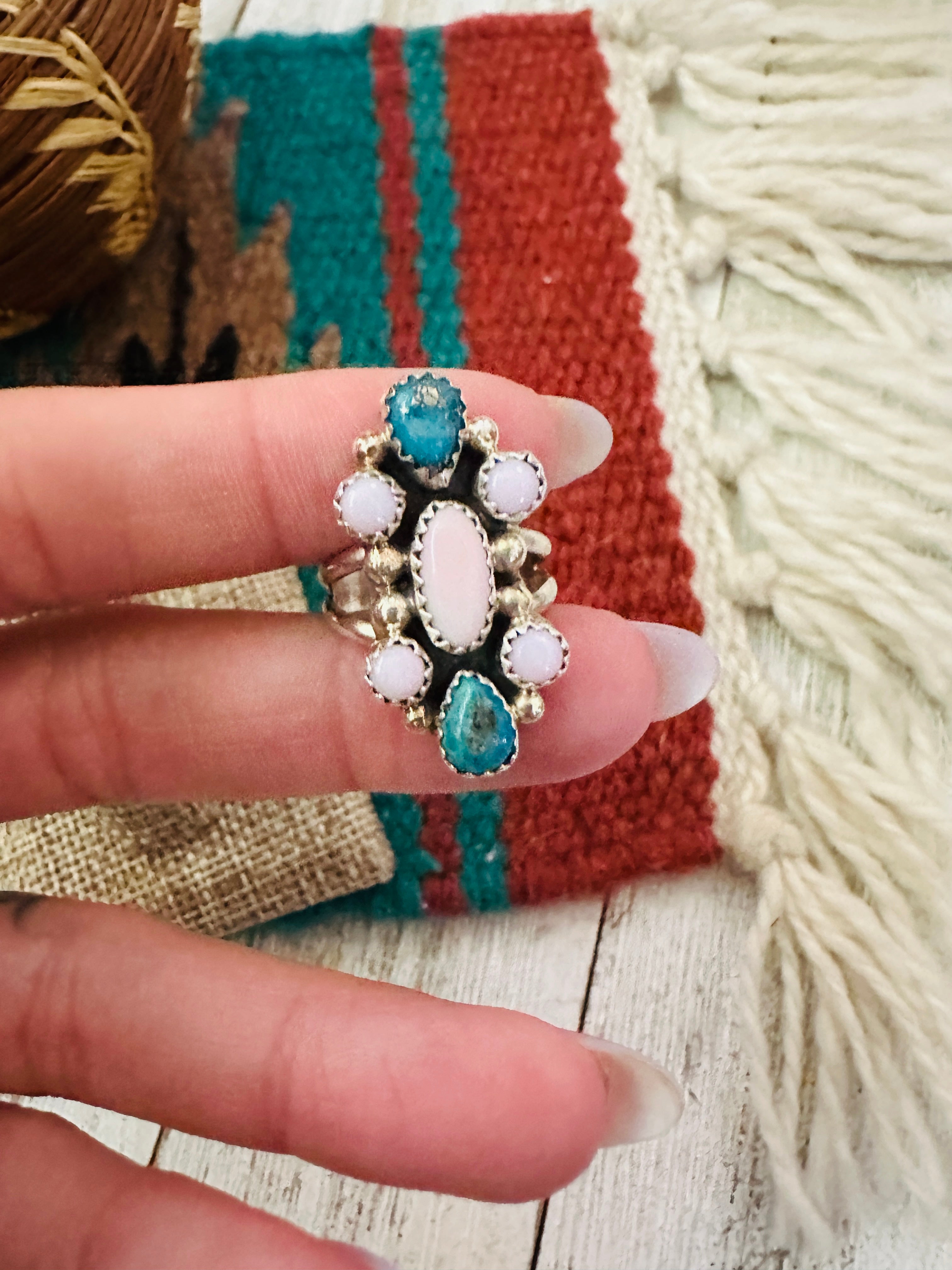 Handcrafted Turquoise, Queen Pink Conch & Sterling Silver Ring