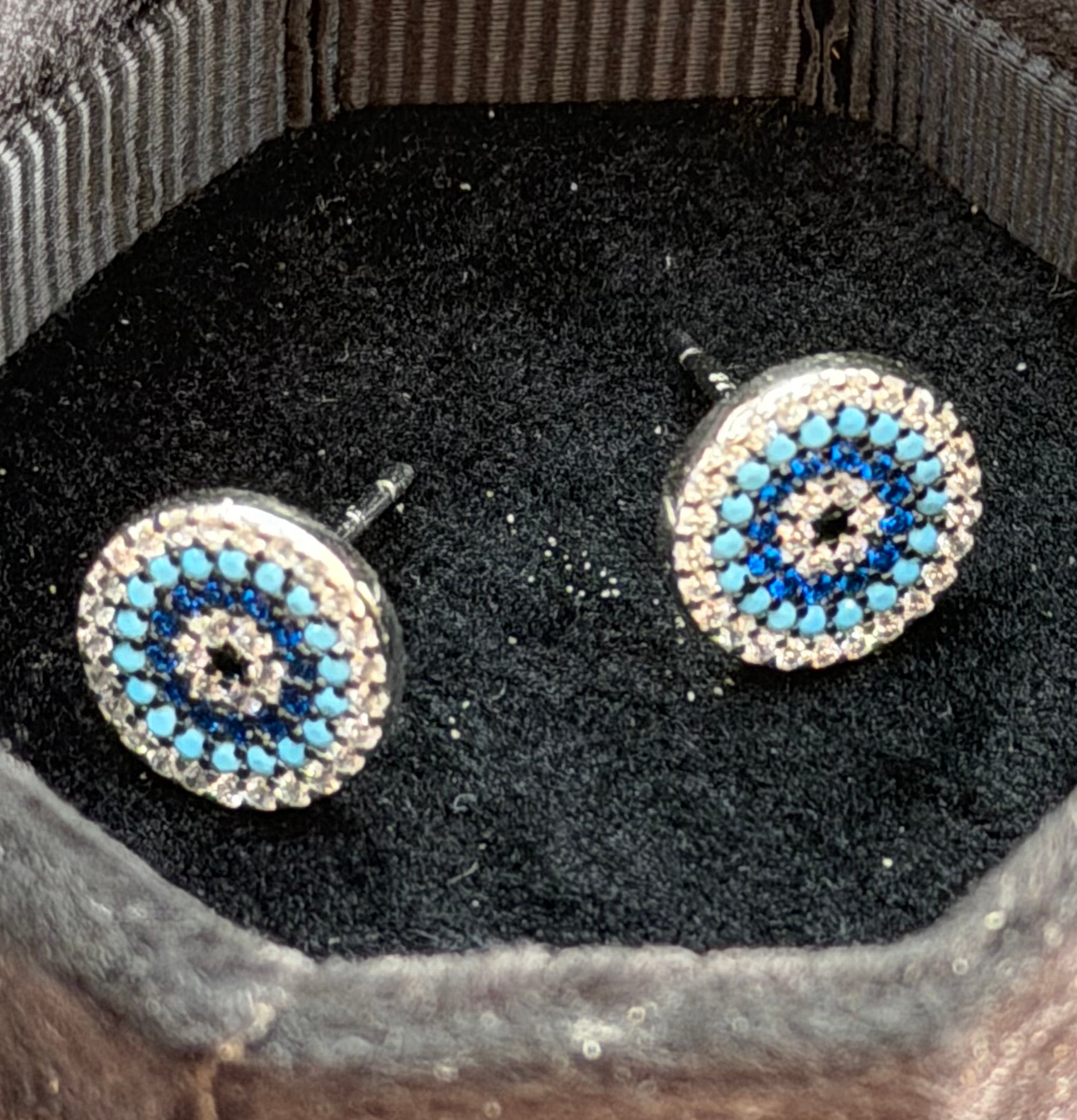 Evil Eye Blue Round CZ Sterling Silver Stud Earrings