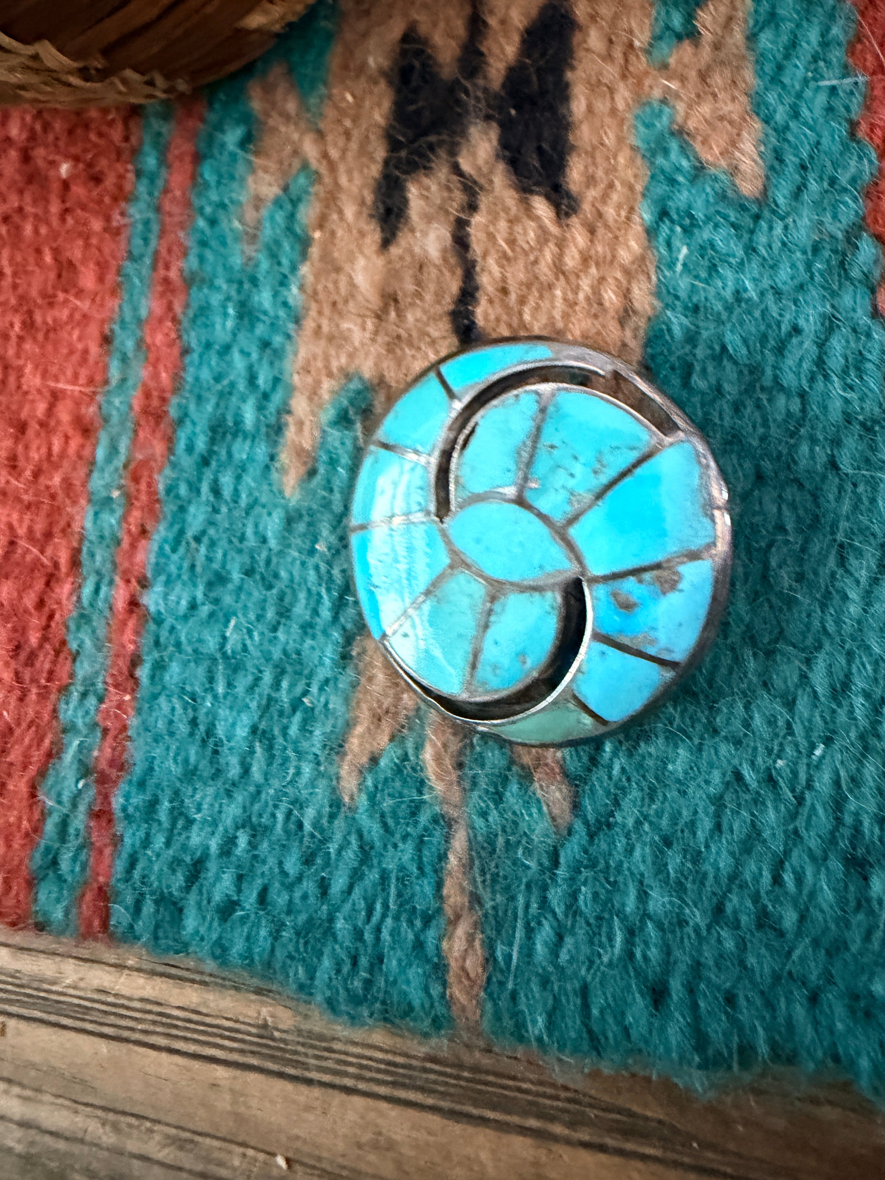 Old Pawn Handcrafted Turquoise and Sterling Silver Inlay Brooch