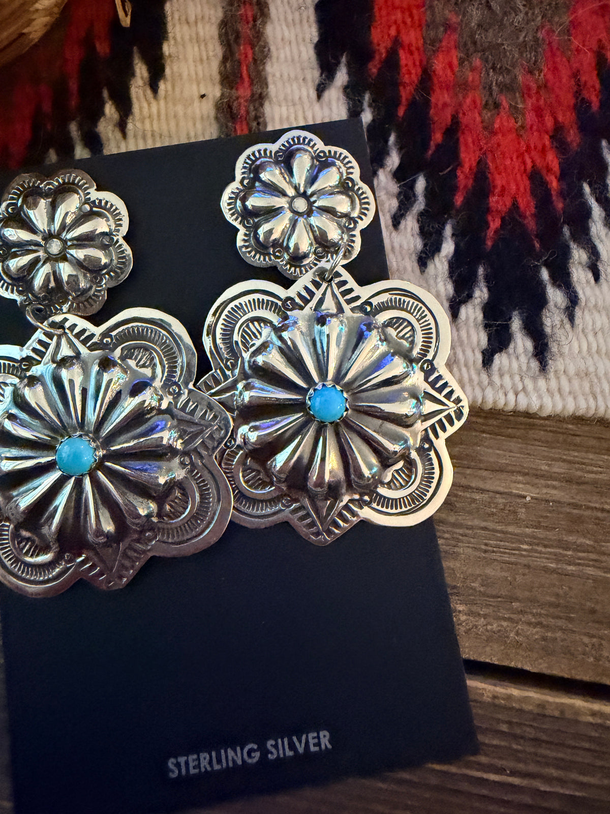 Handcrafted Turquoise & Sterling Silver Concho Dangle Earrings by Genevieve Blackgoat