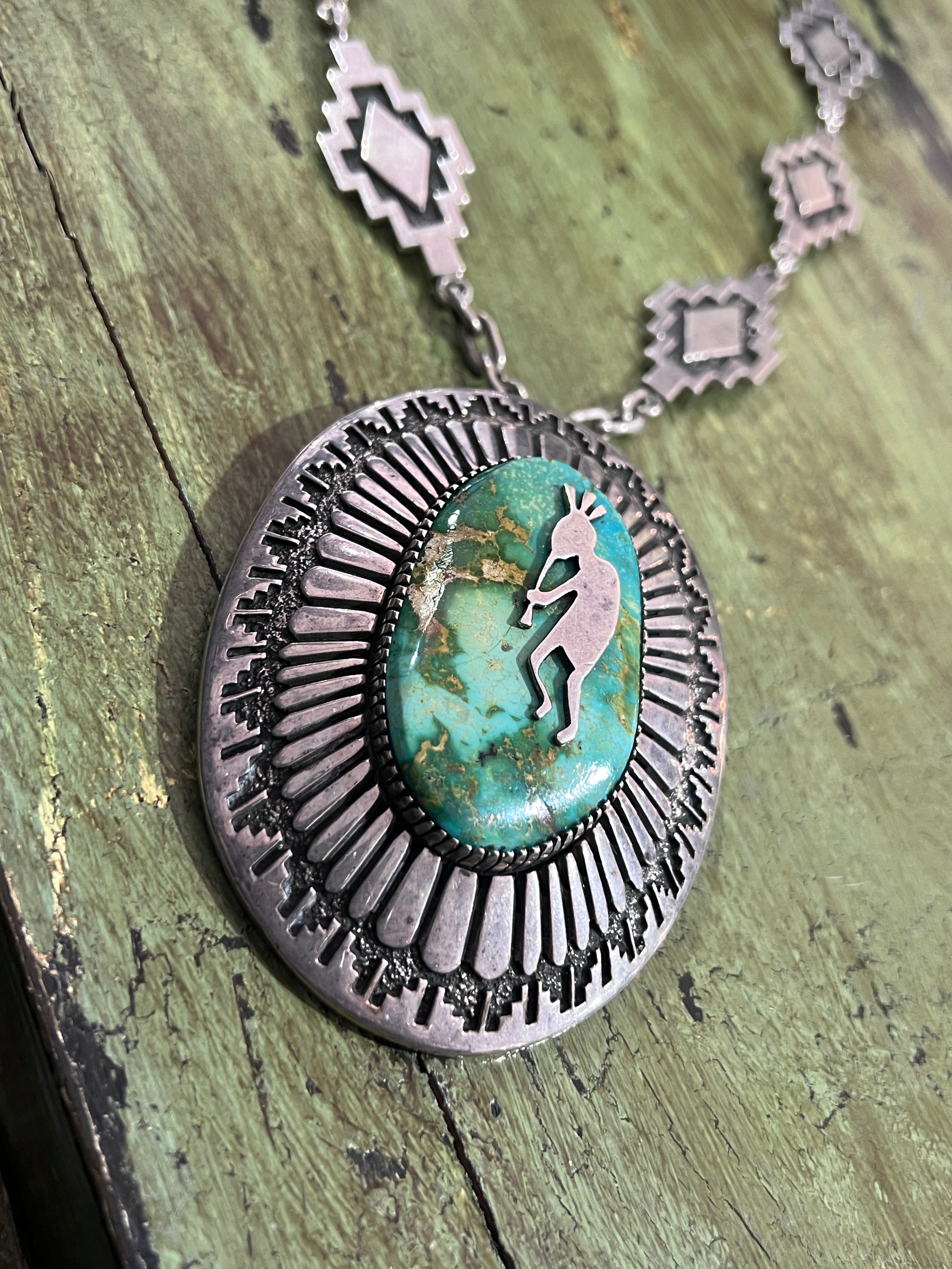 Vintage Handcrafted Sterling Silver and Royston Turquoise Kokopelli Necklace by Tommy Jackson