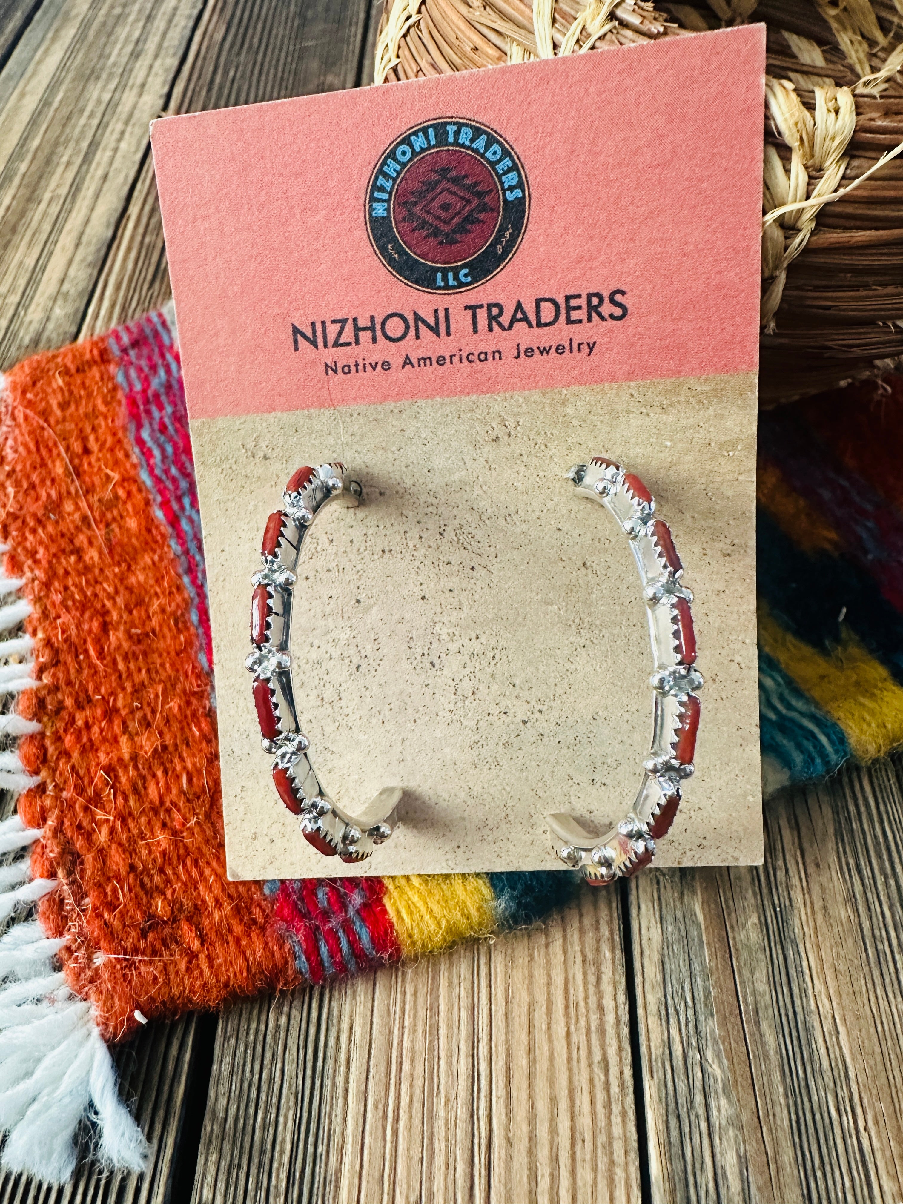 Handcrafted Coral & Sterling Silver Hoop Earrings