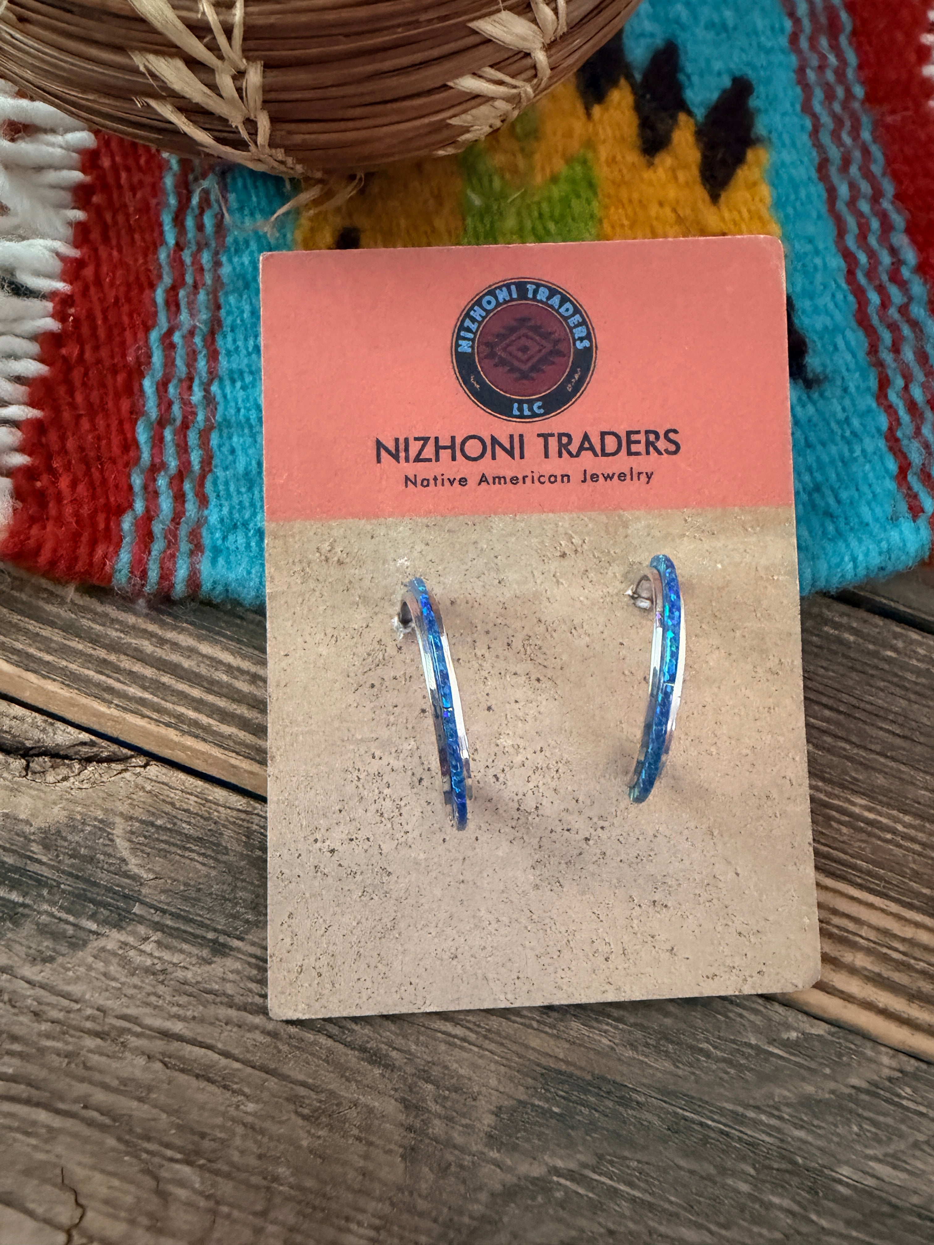 Handcrafted Sterling Silver & Blue Opal Inlay Hoop Earrings