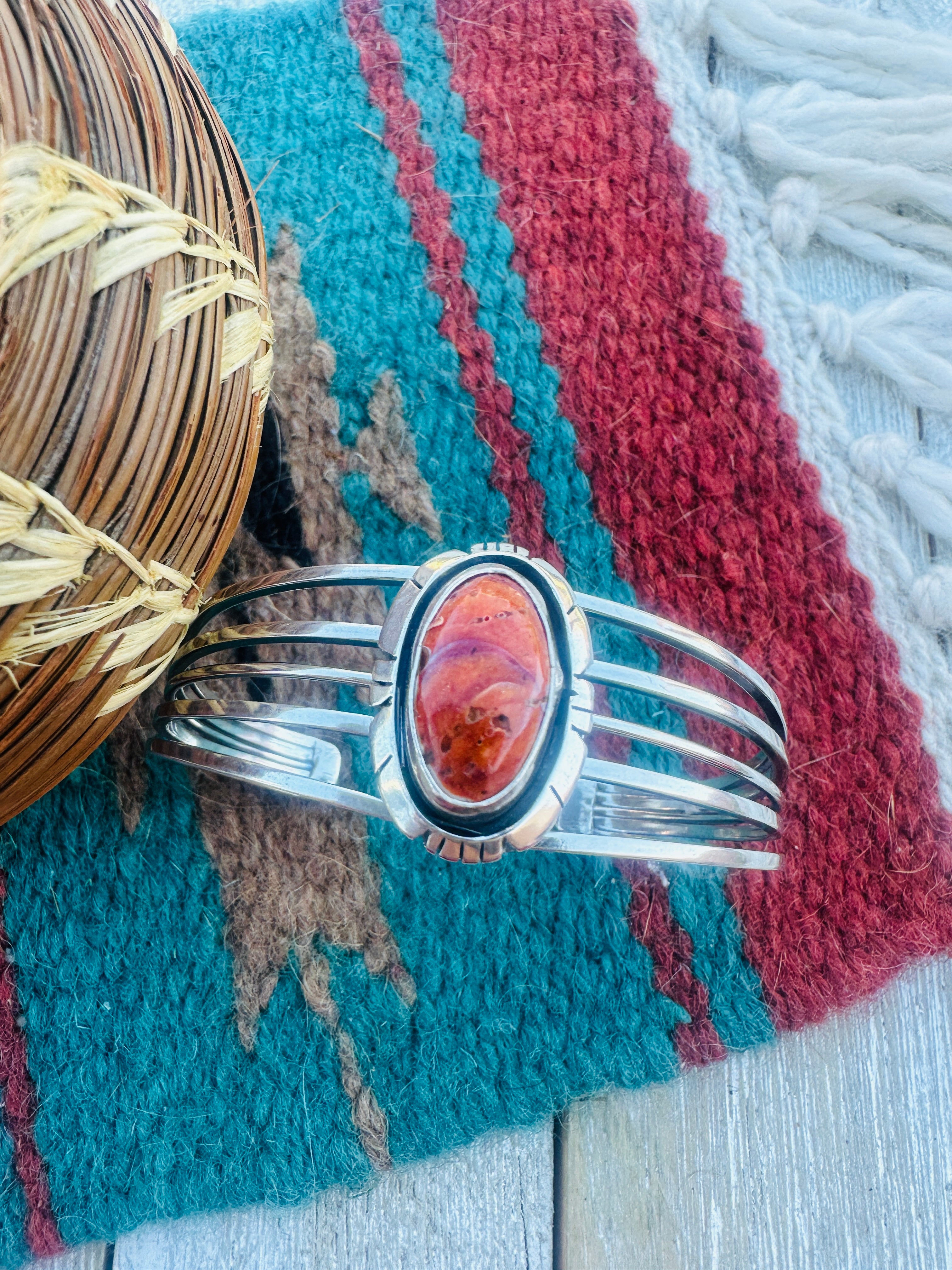 Handcrafted Orange Spiny & Sterling Silver Cuff Bracelet