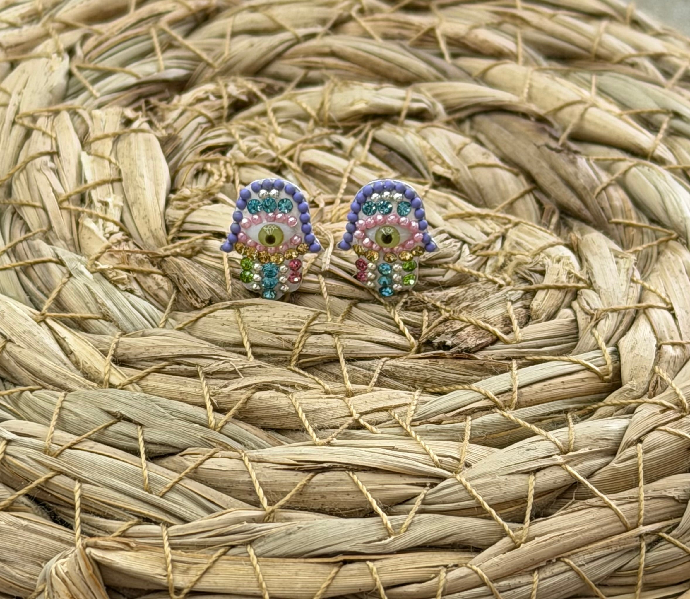 Hamsa Multi-Color Evil Eye Sterling Silver Stud Earrings