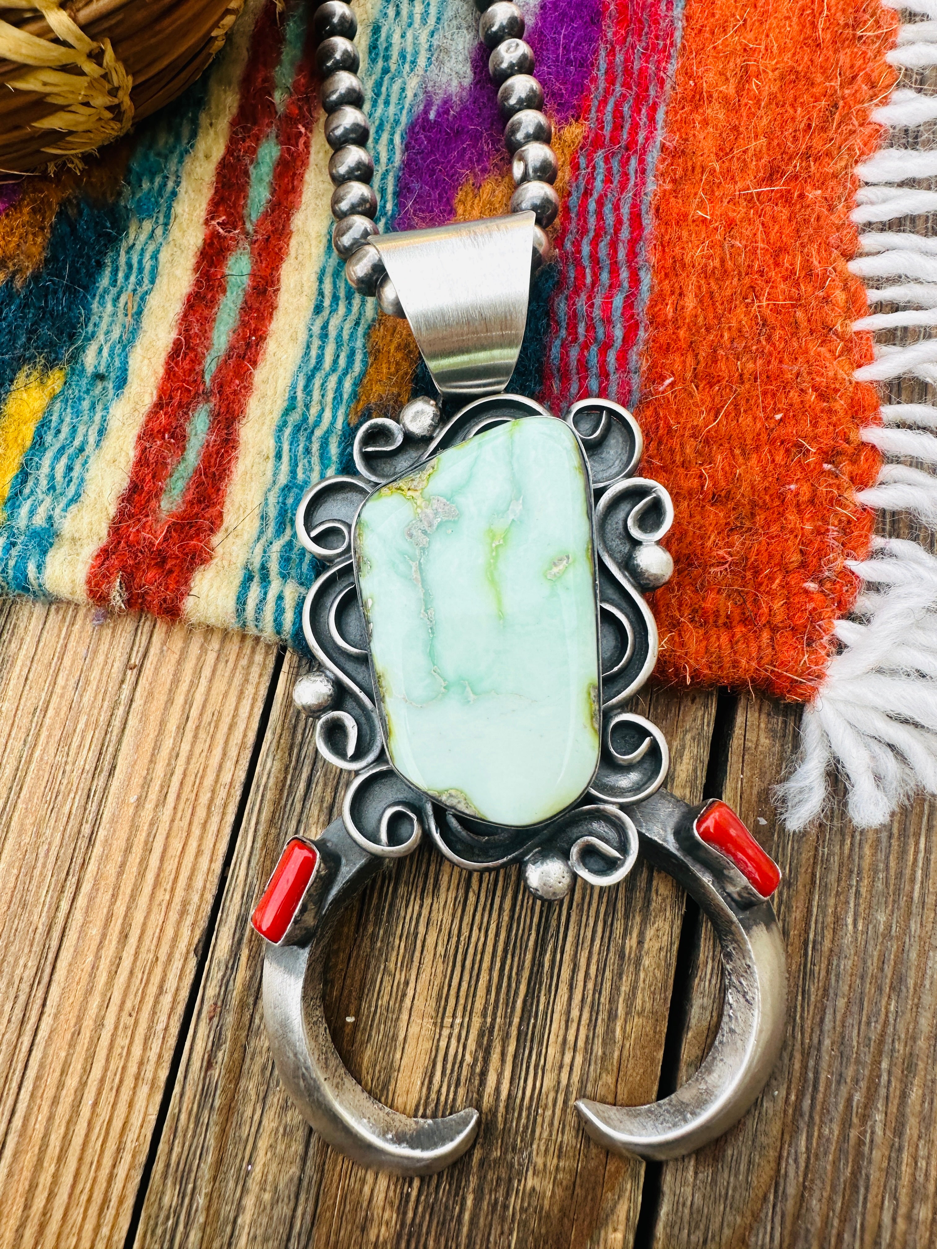 Handcrafted Sterling Silver, Turquoise & Coral Naja Pendant by Chimney Butte