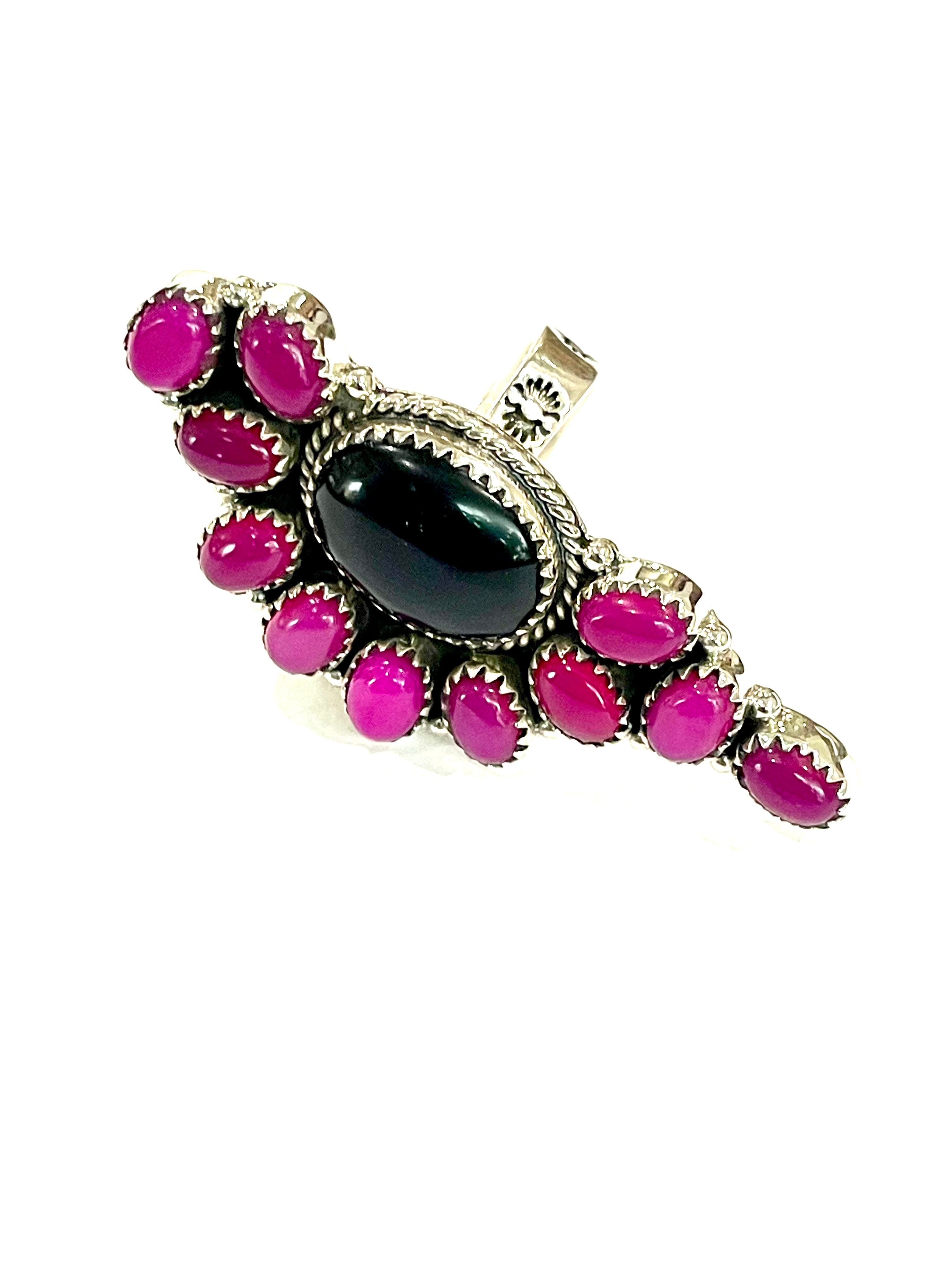Handmade Sterling Silver, Onyx & Pink Onyx Cluster Adjustable Ring