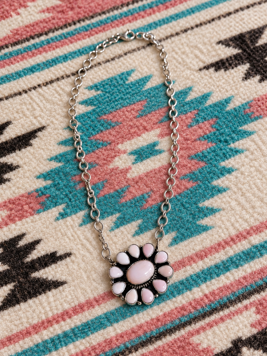 Handcrafted Queen Pink Conch Shell And Sterling Silver Necklace Signed Sheila- Light Stone