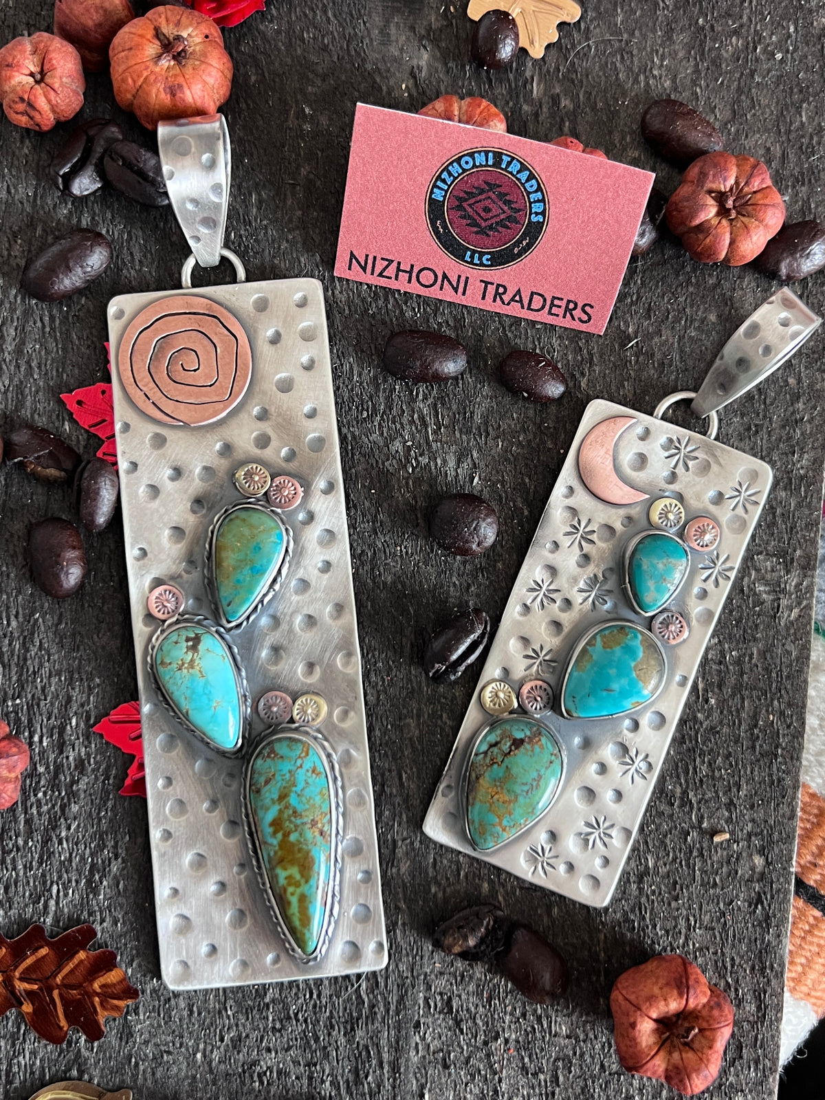 Kimari Somers Hand Stamped Sterling Silver, Copper, Brass & Kingman Turquoise Prickly Pear Cactus Sun Pendant