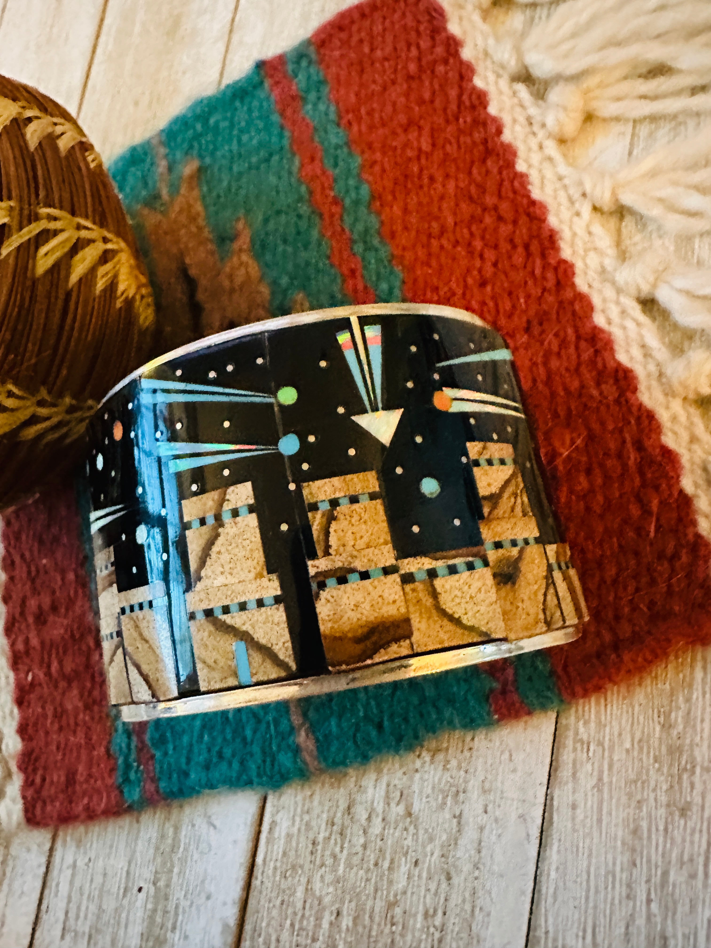 Handcrafted Multi Stone & Sterling Silver Inlay Cuff Bracelet by Gilbert Smith