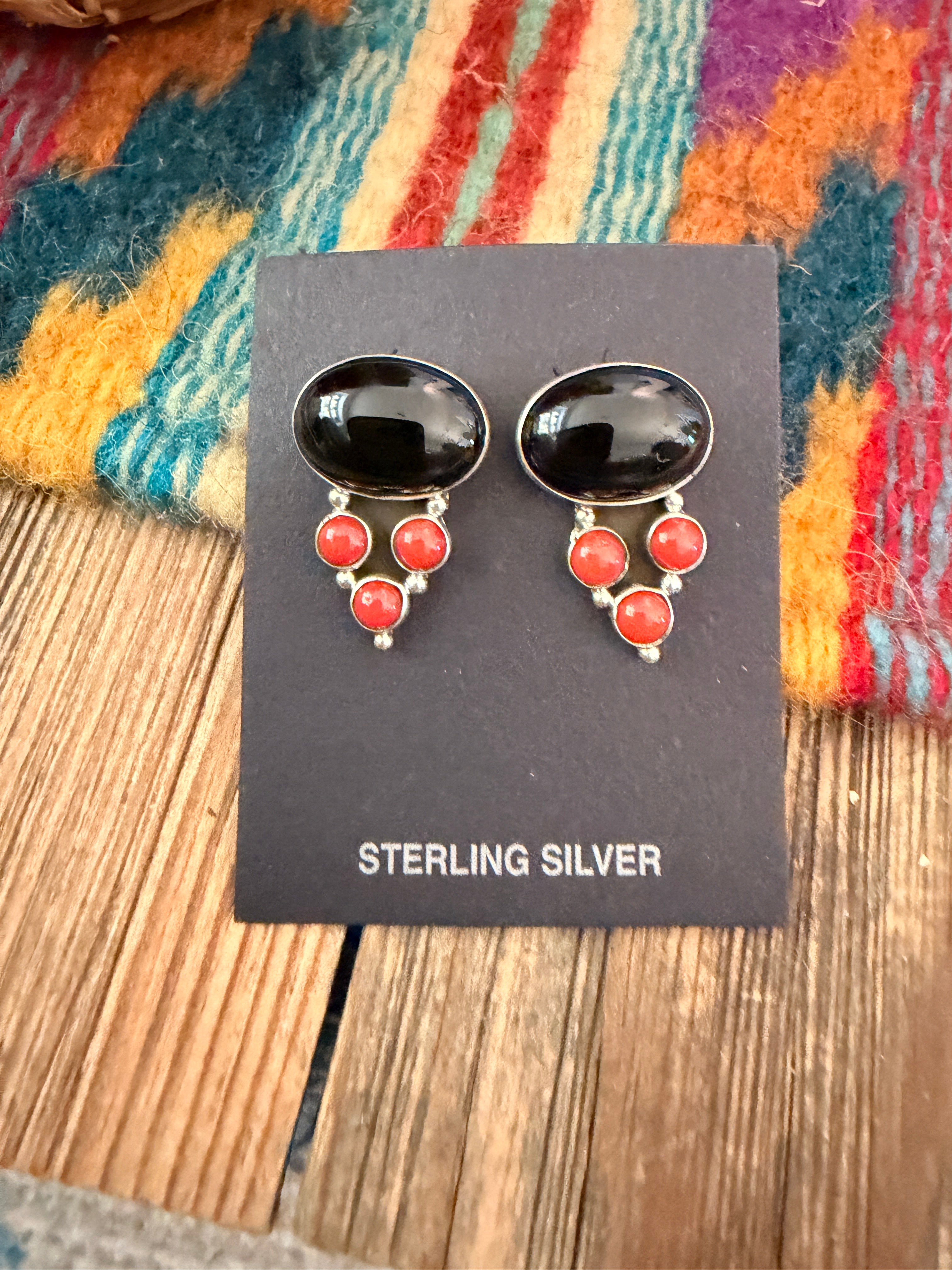 Handcrafted Onyx, Coral & Sterling Silver Post Earrings