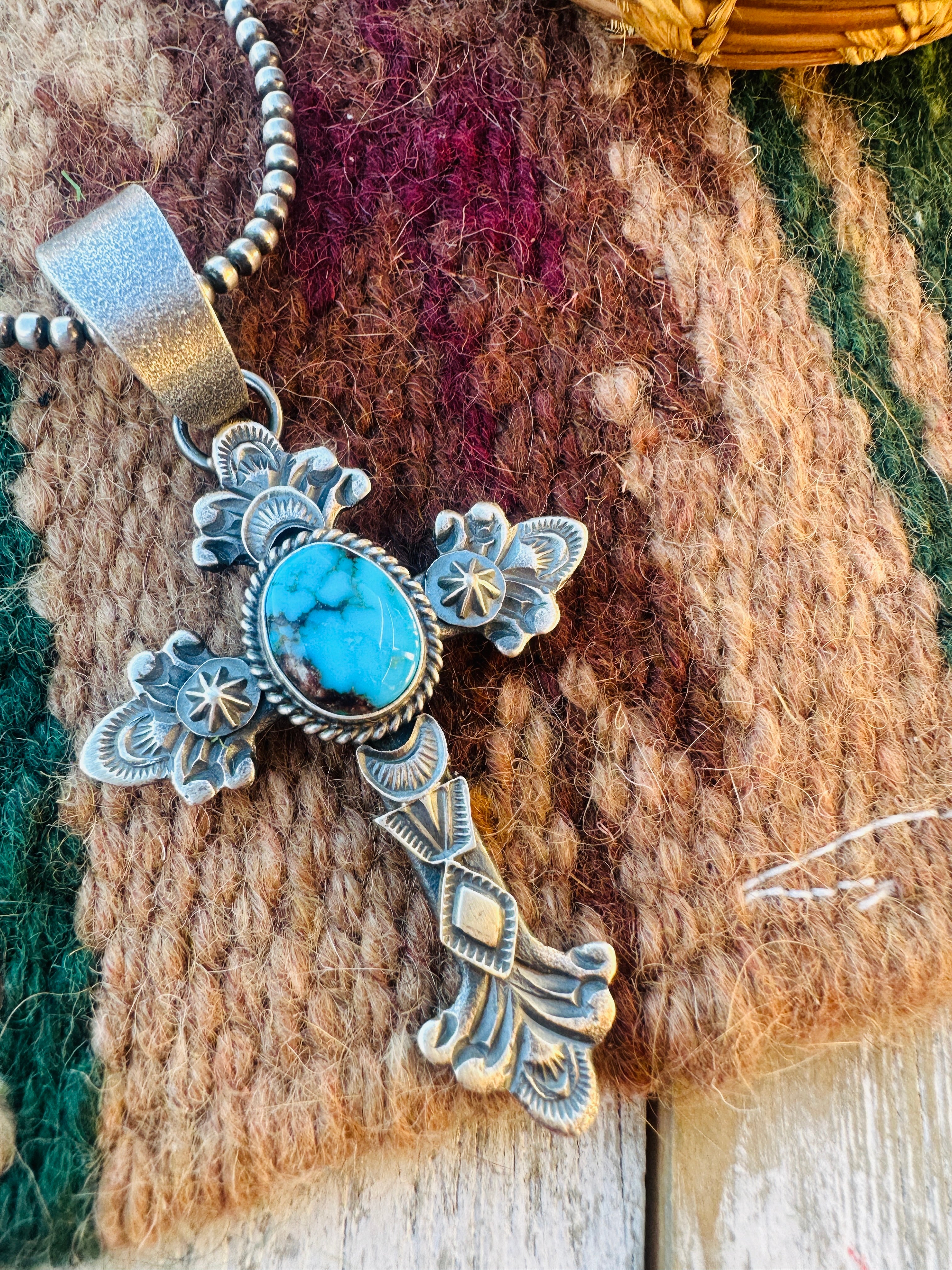 Handcrafted Sterling Silver & Turquoise Cross Pendant by Kevin Billah