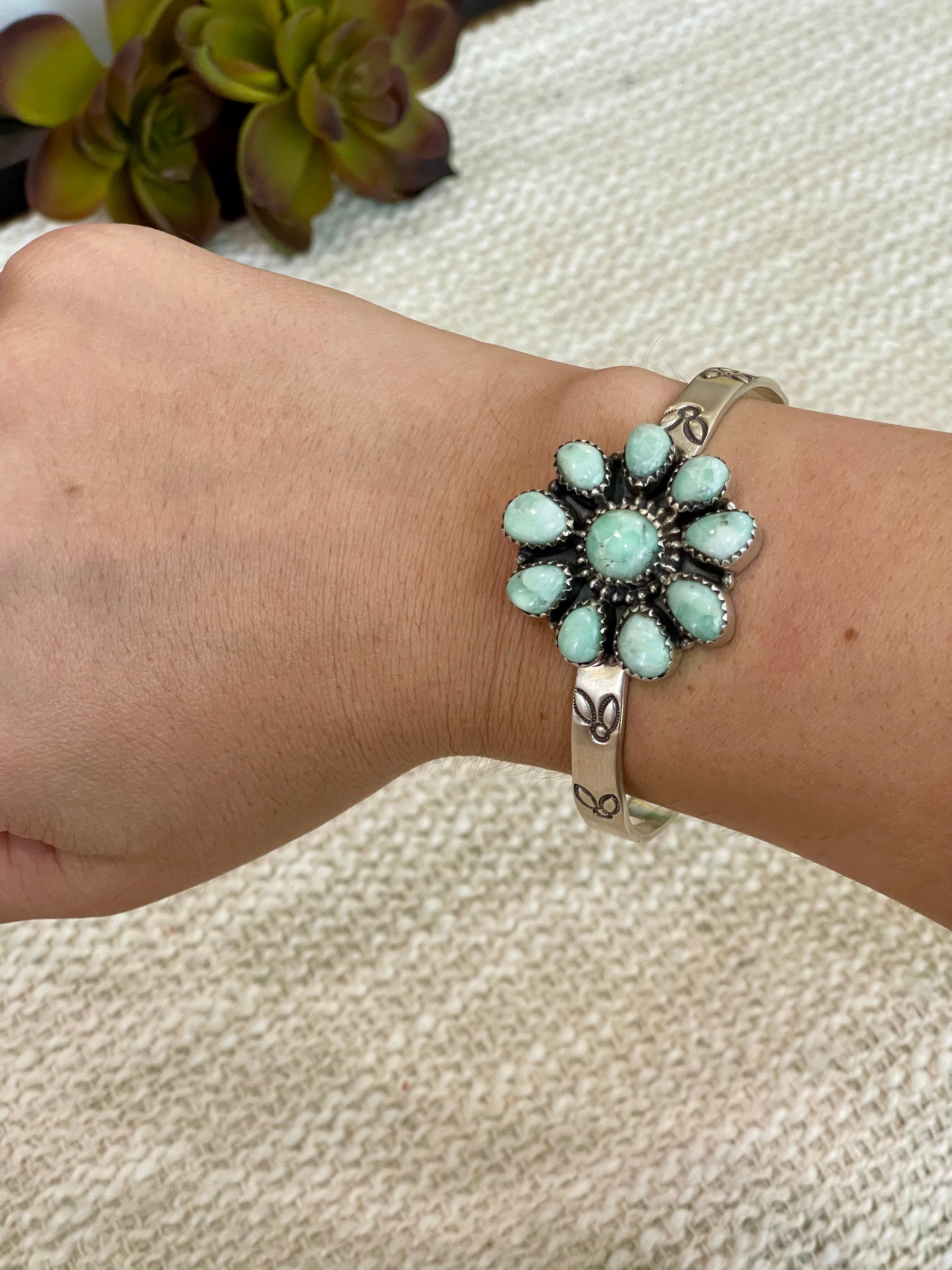 Handmade Sterling Silver, Mint Dahlia Adjustable Flower Cuff Bracelet