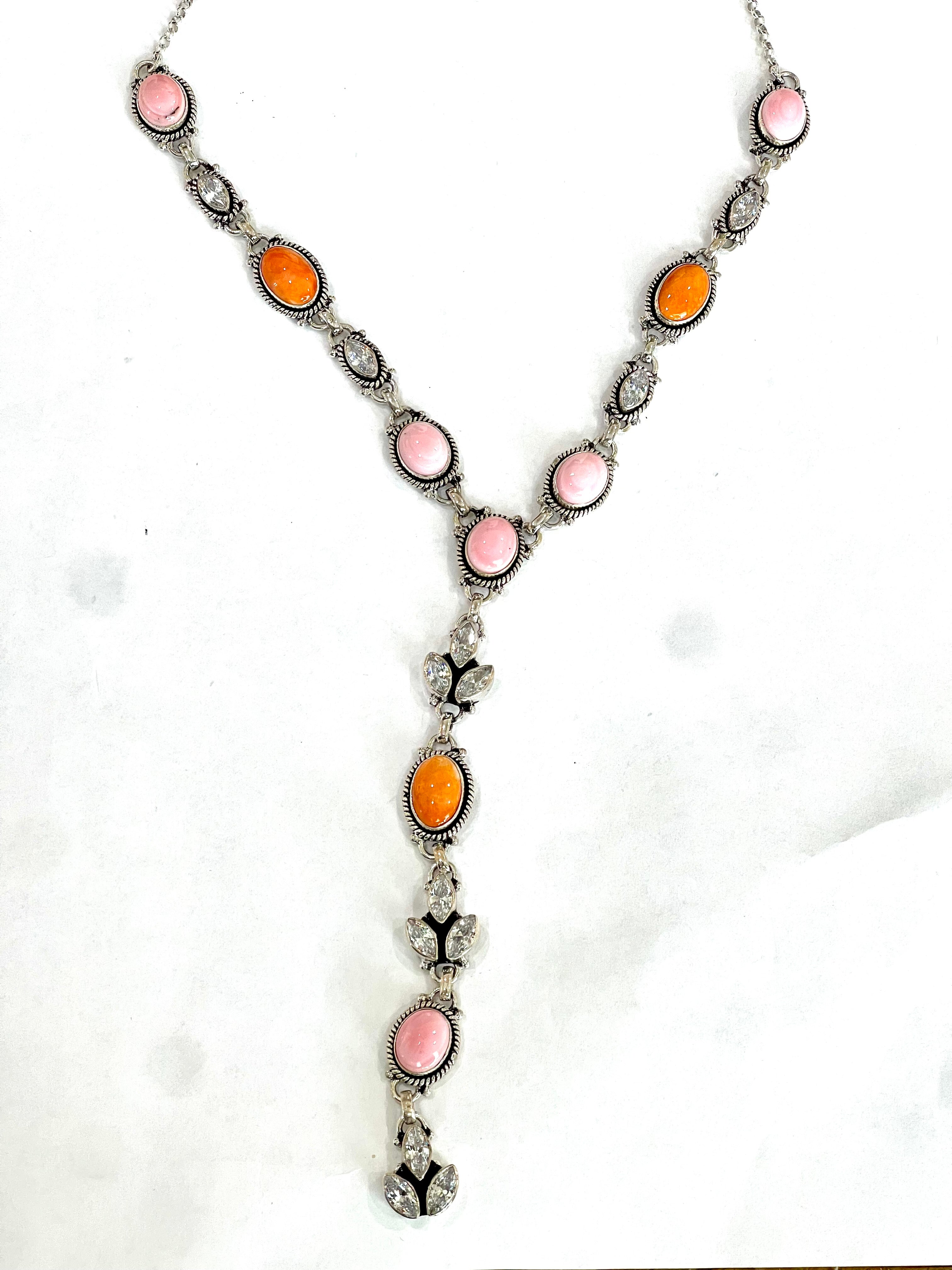 Handmade Sterling Silver, Orange Spiny & Pink Conch Lariat Necklace