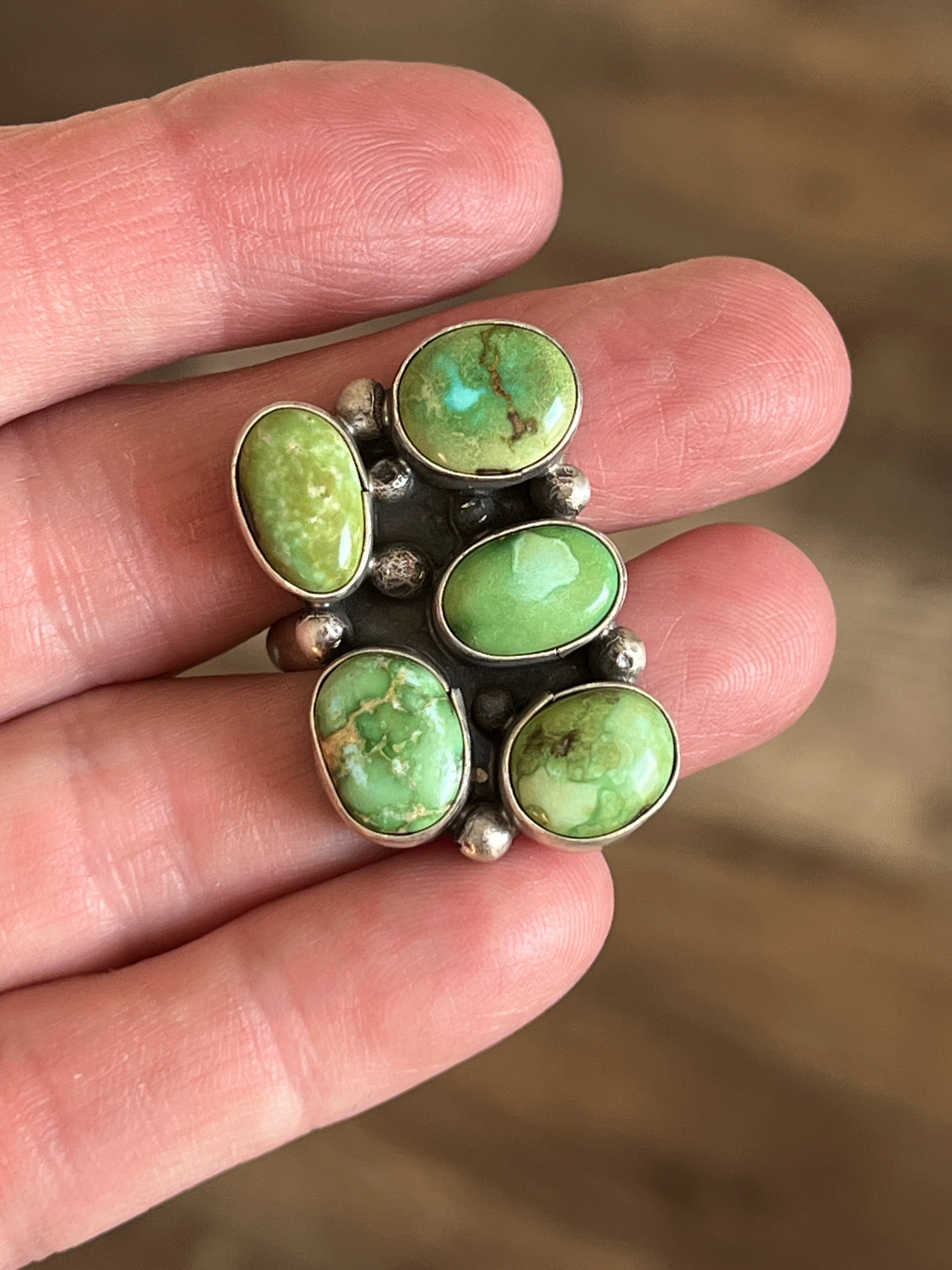 Handcrafted Sterling Silver and Sonoran Gold Turquoise Cluster Rings by Travis Jim, Size 8