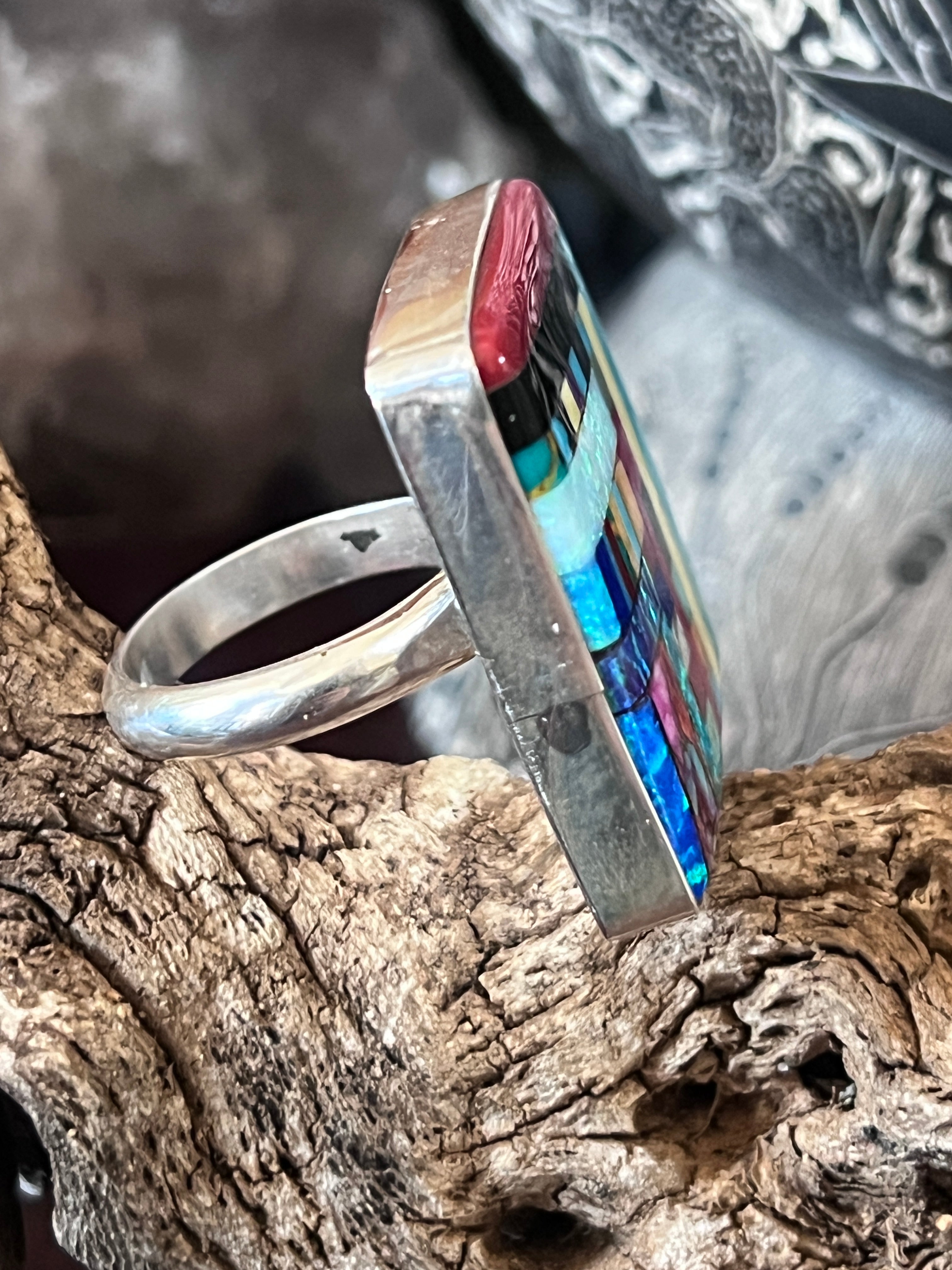 Ronald Chavez Sterling Silver Square Mosaic Multistone Ring, Size 10