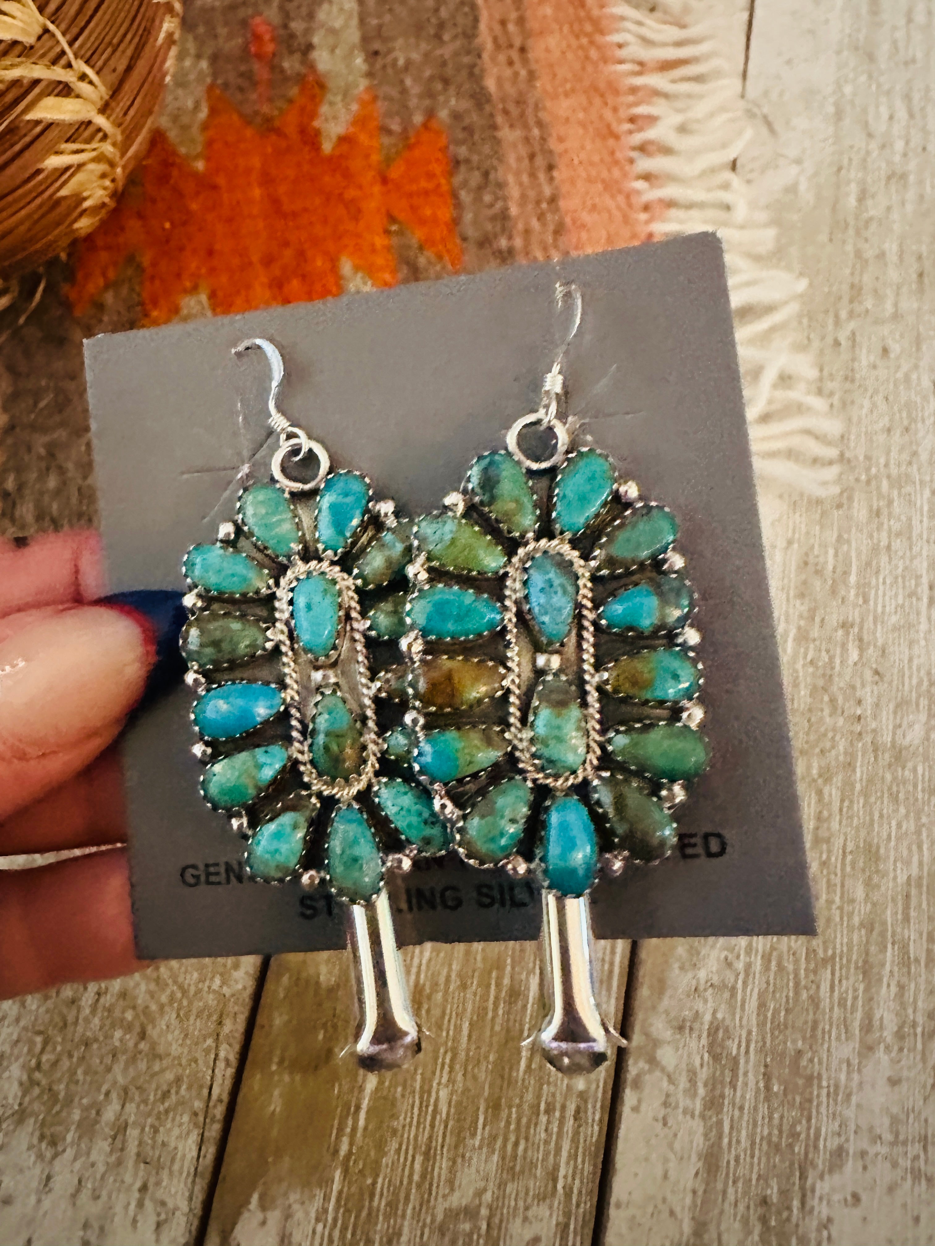 Handcrafted Sterling Silver & Turquoise Cluster Blossom Dangle Earrings
