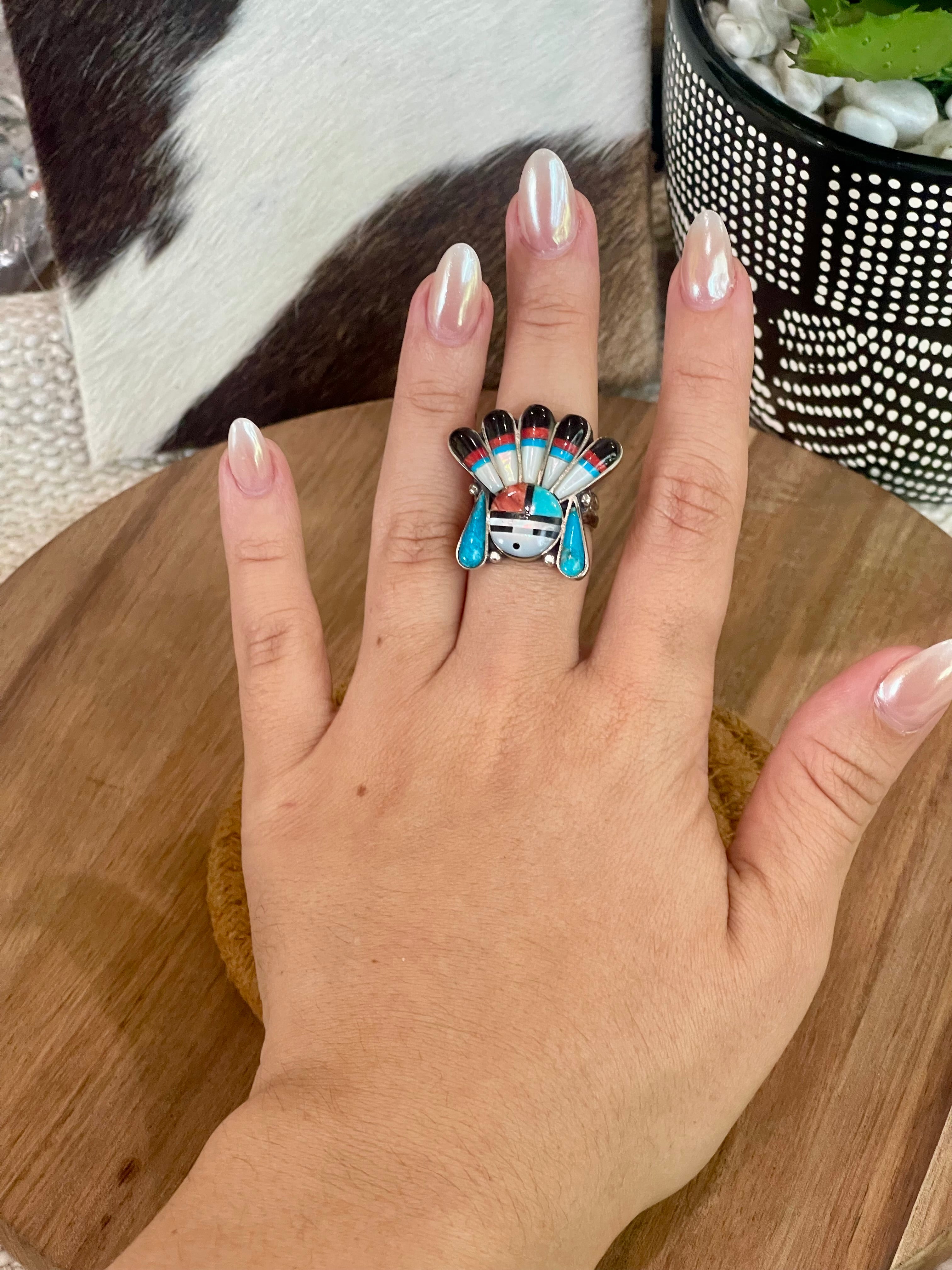 Handmade Sterling Silver & Multi Stone Sunface Adjustable Ring