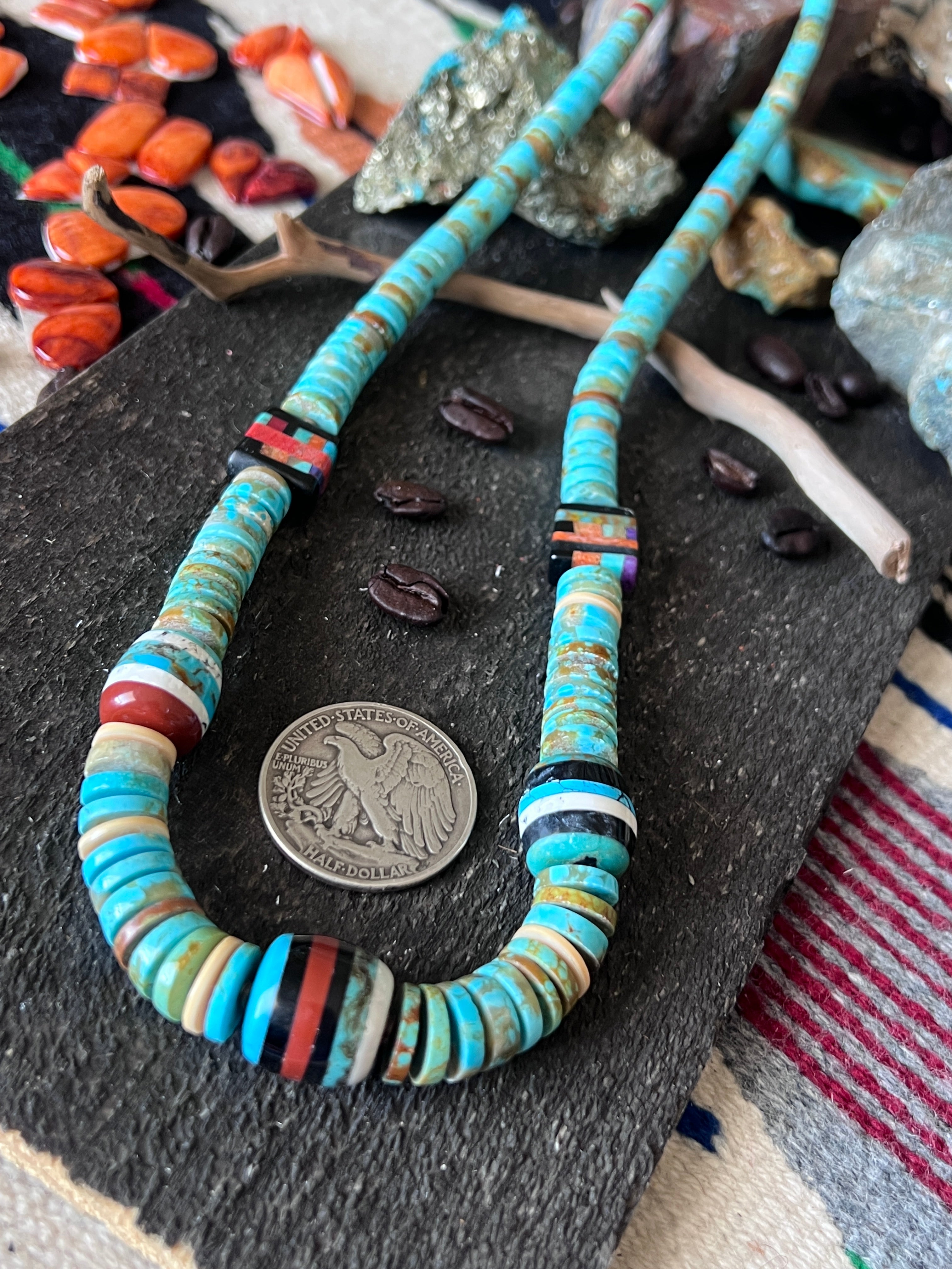 Ronald Chavez Handcrafted Turquoise Heishi Beaded Santo Domingo Necklace with Layered Bead Accents