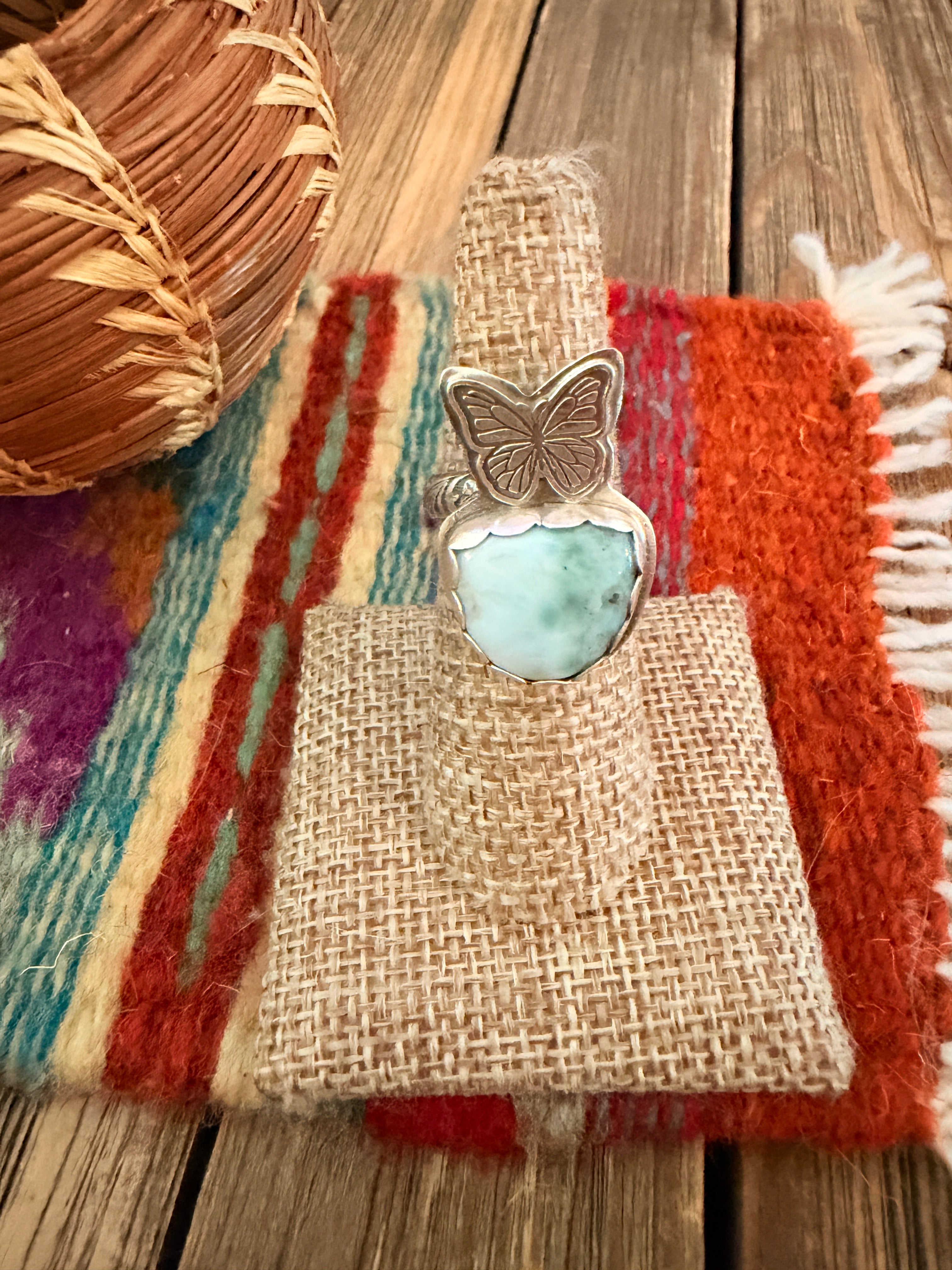 Handmade Sterling Silver and Larimar Butterfly Adjustable Ring