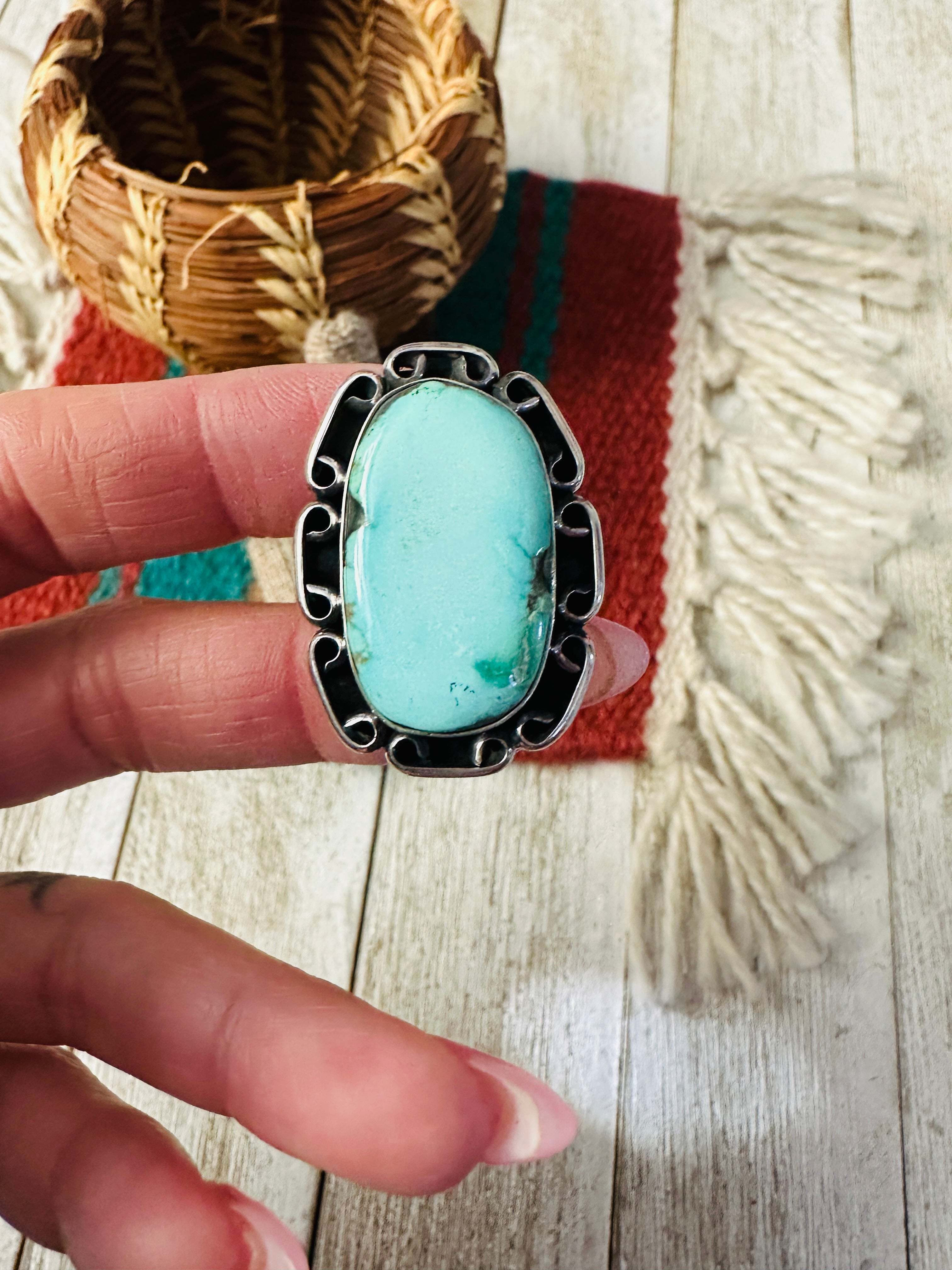 Handcrafted Carico Lake Turquoise & Sterling Silver Ring size 8