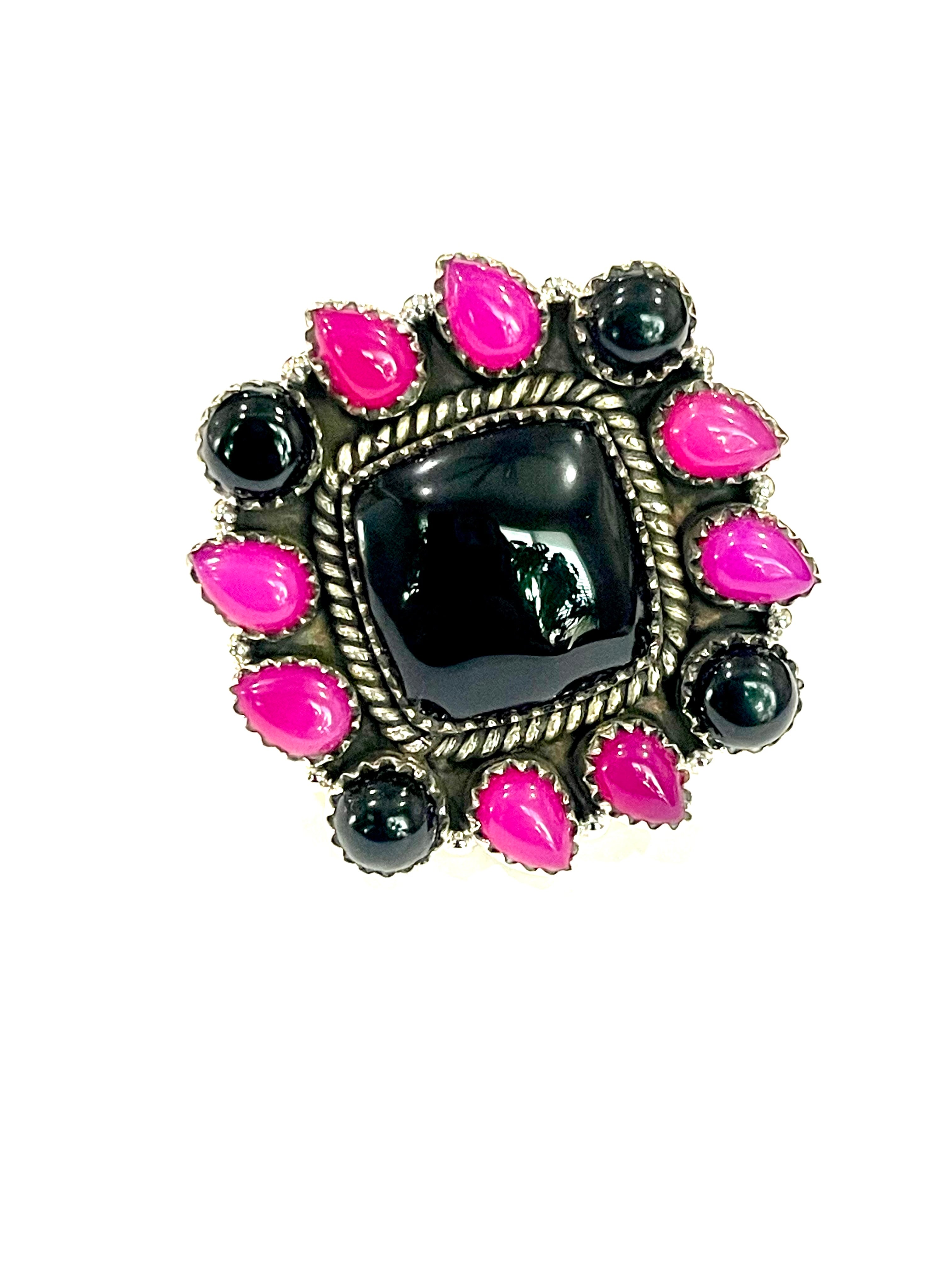 Handmade Sterling Silver, Onyx & Pink Onyx Cluster Adjustable Ring