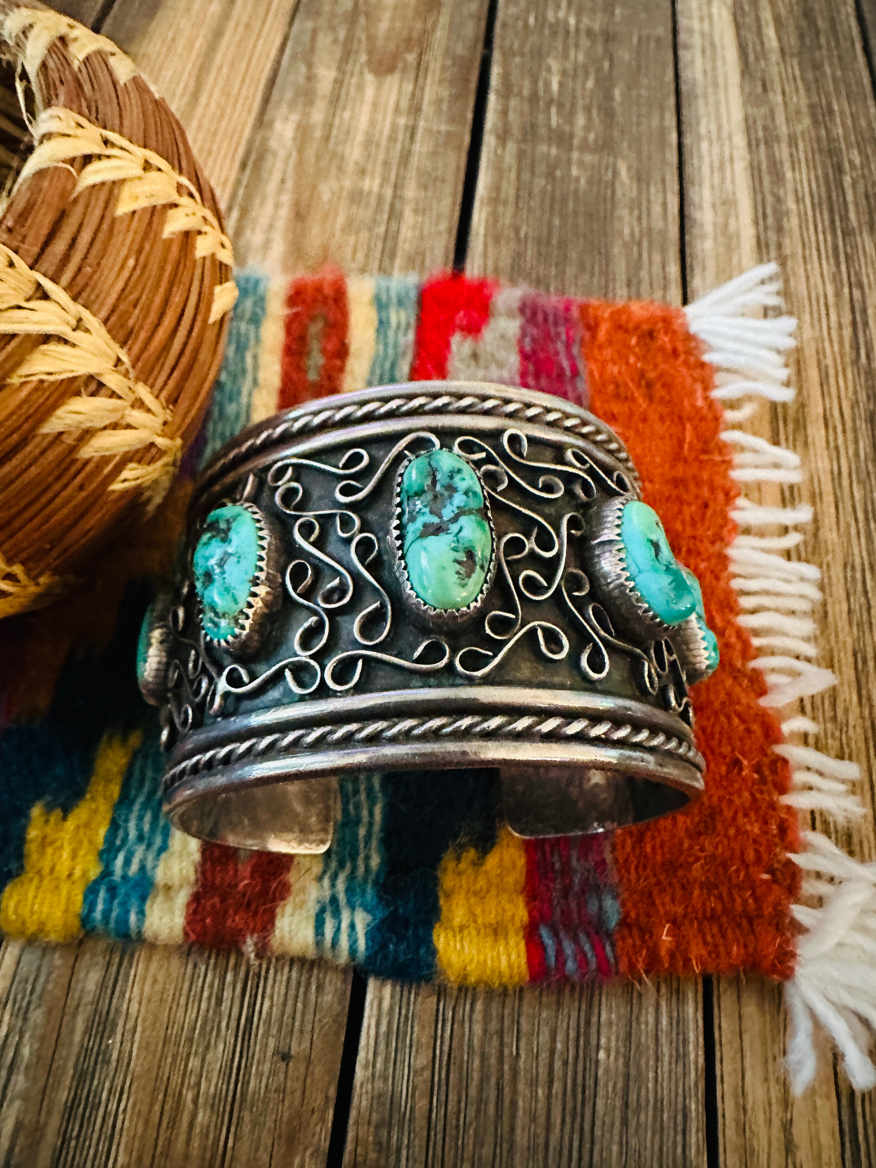 Handcrafted Old Pawn Sterling Silver & Kingman Turquoise Cuff Bracelet