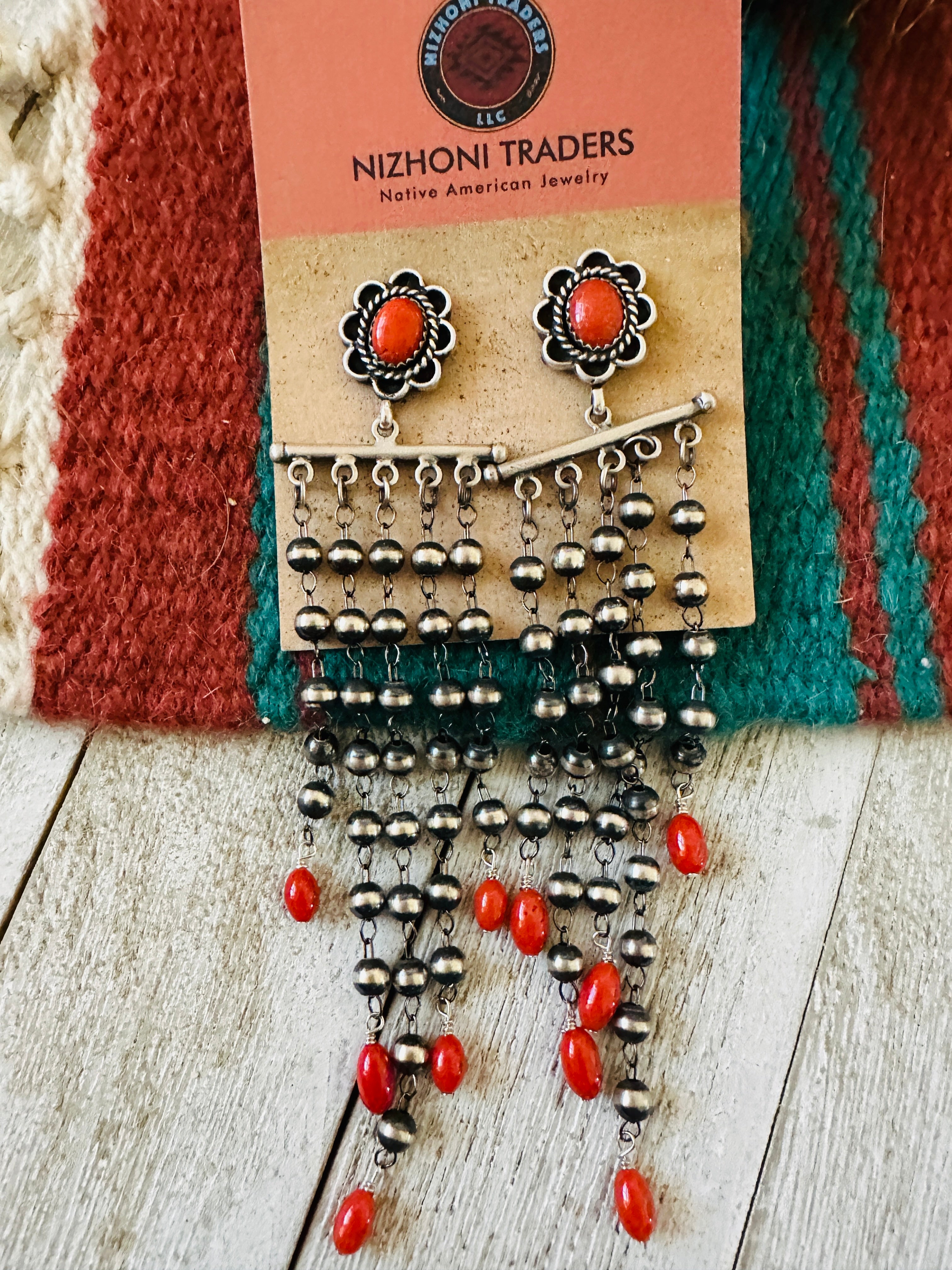 Handcrafted Coral & Sterling Silver Pearl Beaded Tassel Dangle Earrings